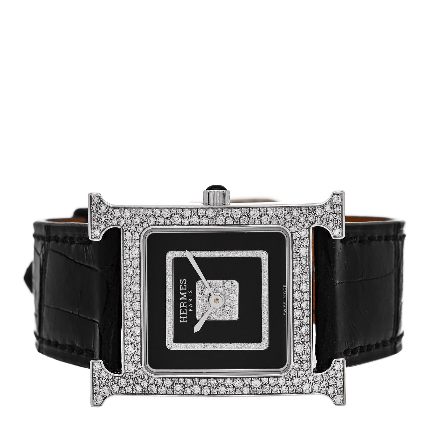 18K White Gold Alligator Diamond Pave 26mm Heure H Hour Quartz Watch Noir