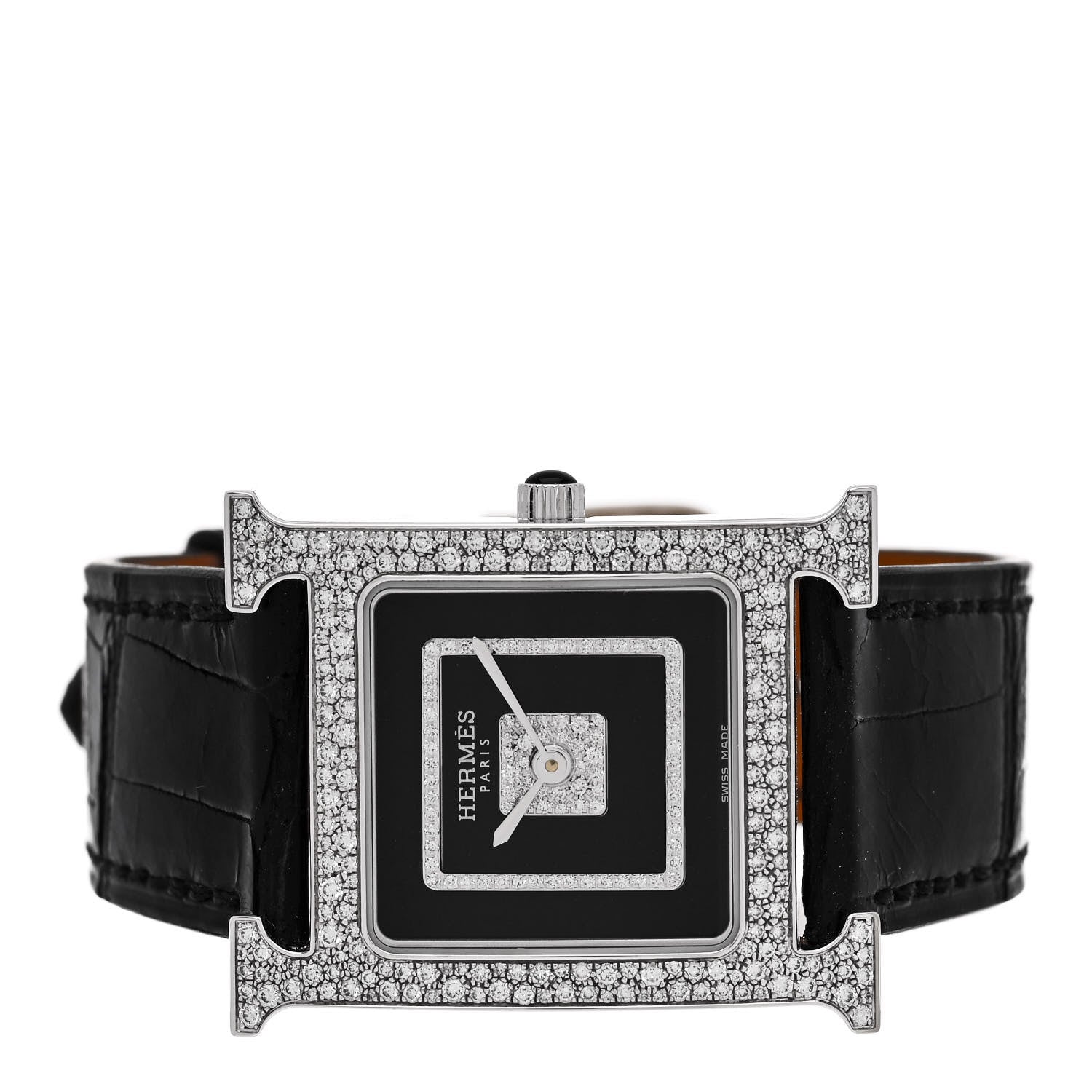 Hermes 18K White Gold Alligator Diamond Pave 26mm Heure H Hour Quartz Watch Noir 2 of 5