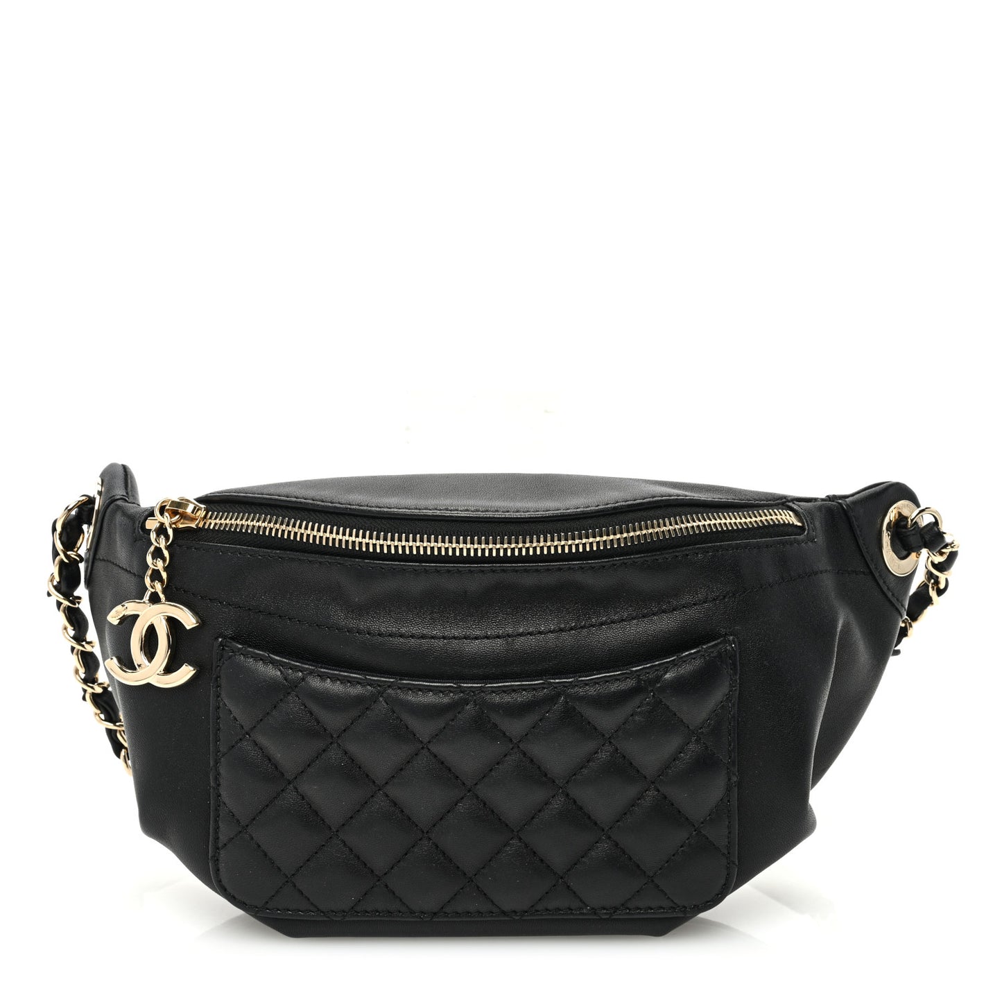 Crumpled Glazed Lambskin Quilted Waist Bag Fanny Pack Black