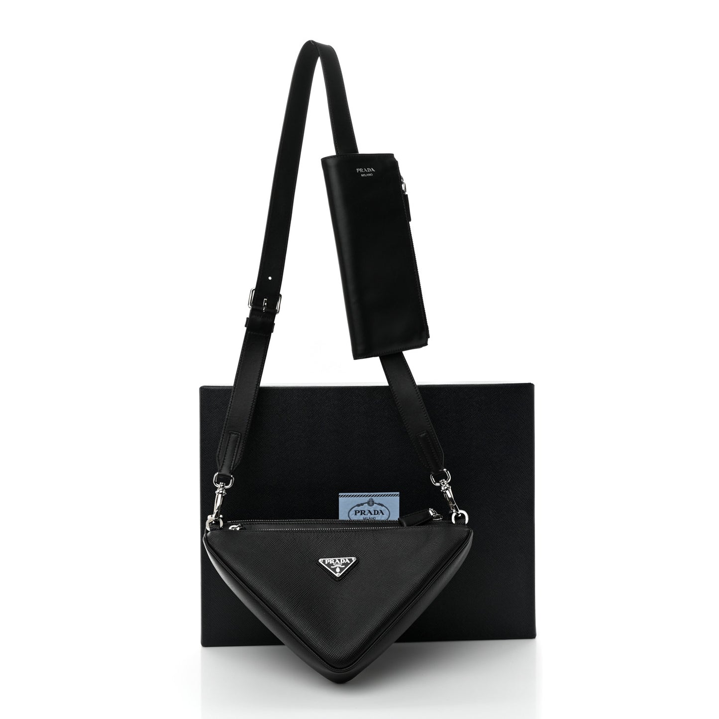 Vitello Saffiano Cuir Double Triangle Shoulder Bag Black