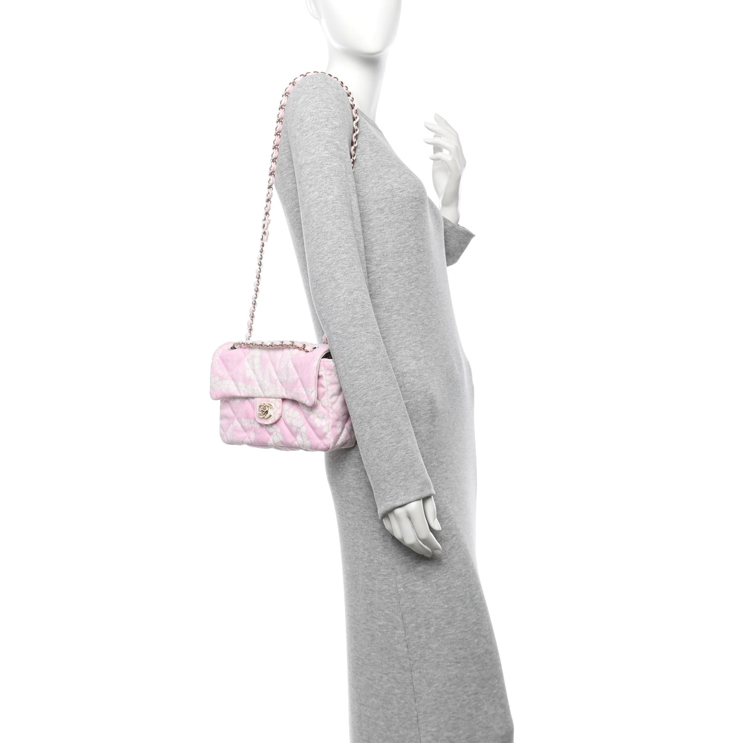 Printed Denim Quilted Flap Bag Pink White