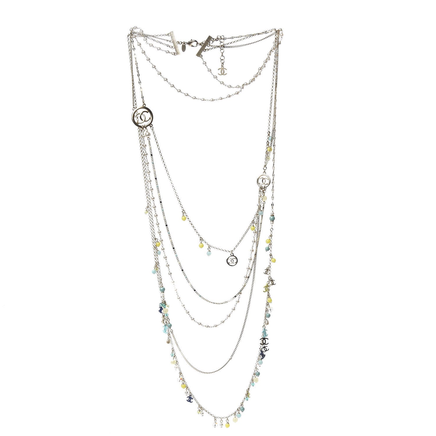 Pearl Beaded Resin CC Multi Strand Long Necklace Silver Nacre