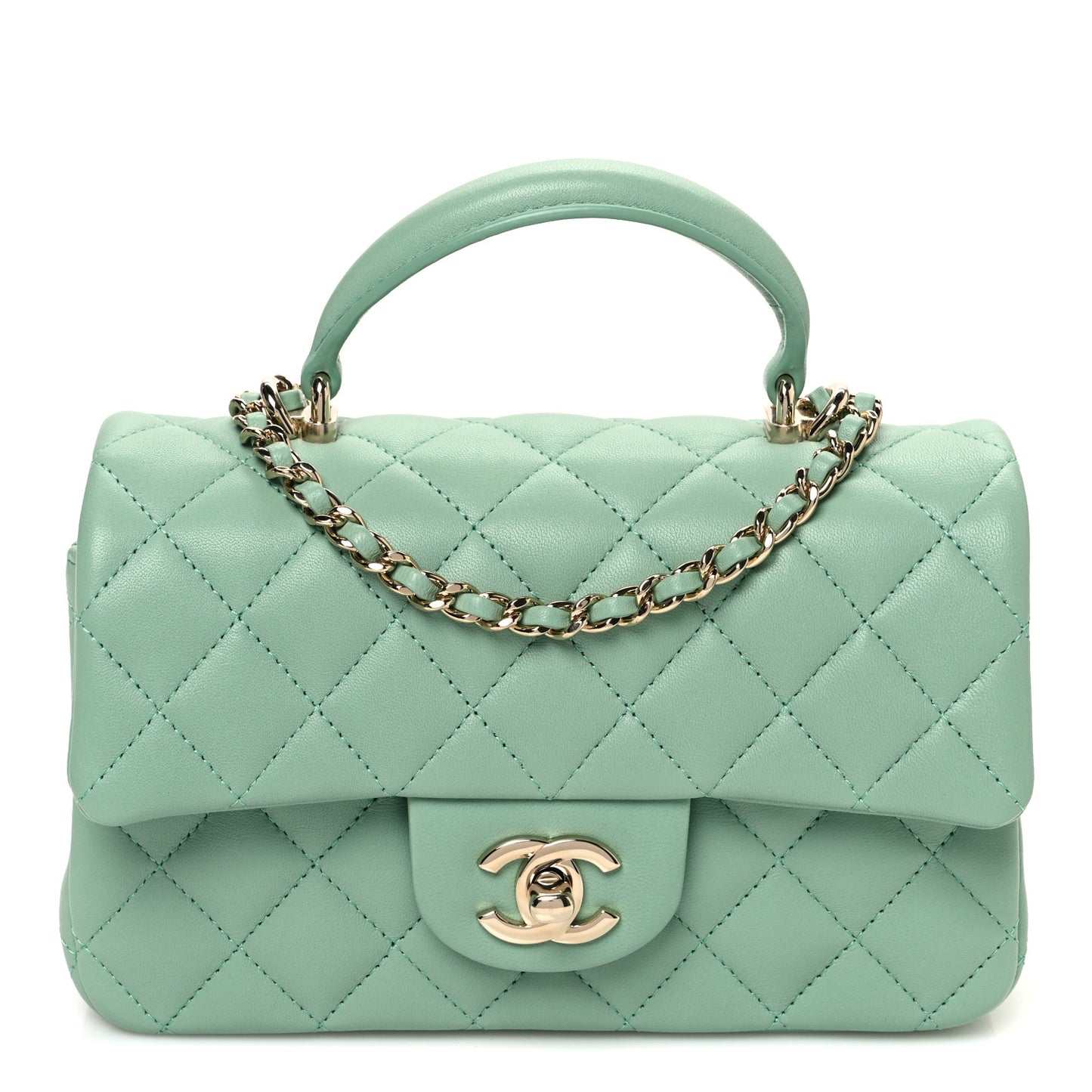 Lambskin Quilted Mini Top Handle Rectangular Flap Light Green