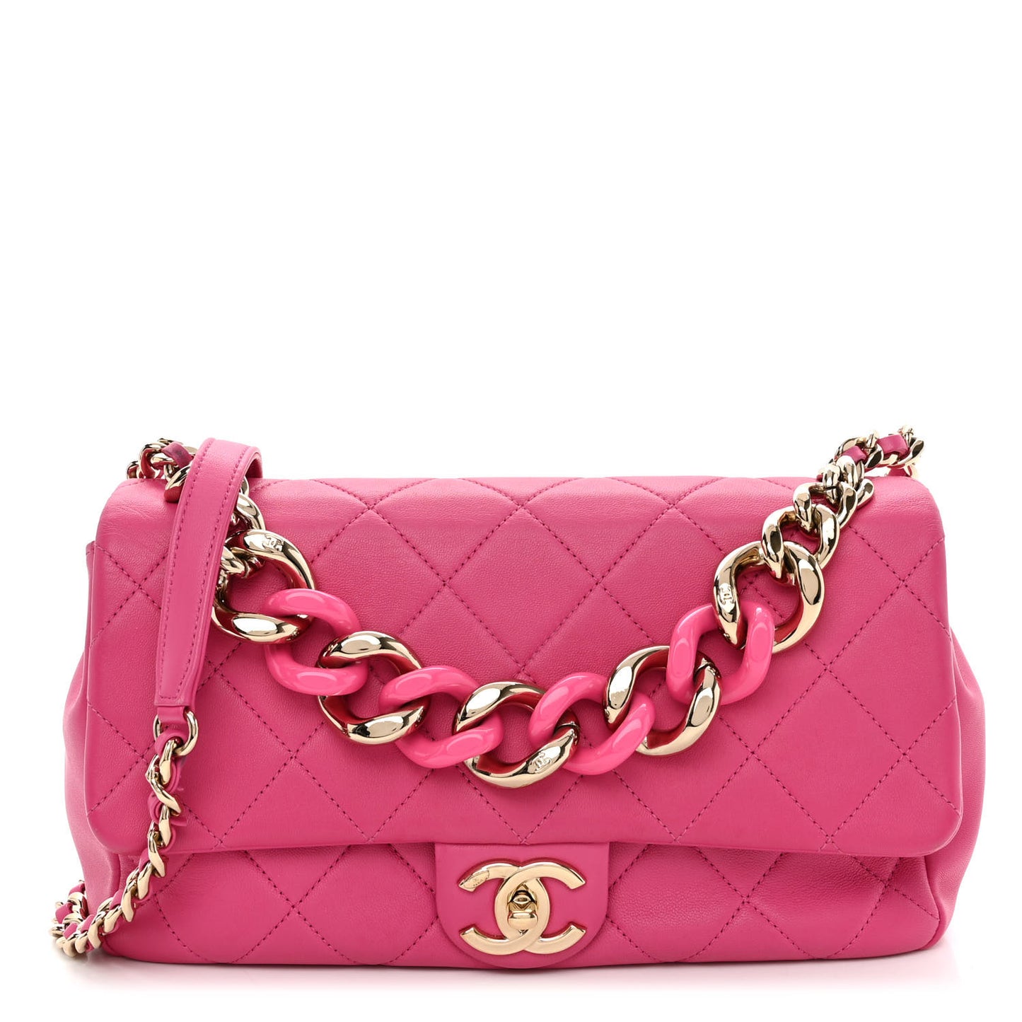 Lambskin Quilted Resin Bi-Color Chain Flap Bag Pink