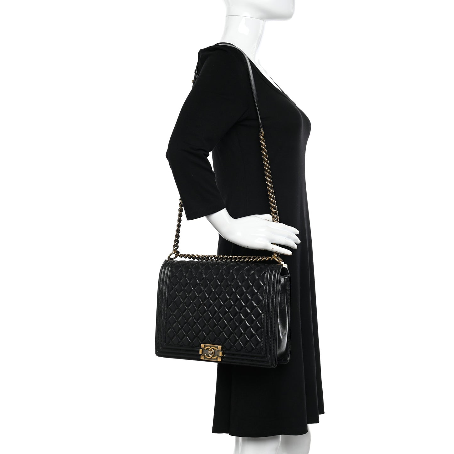 Glazed Calfskin Quilted Large Boy Flap Black