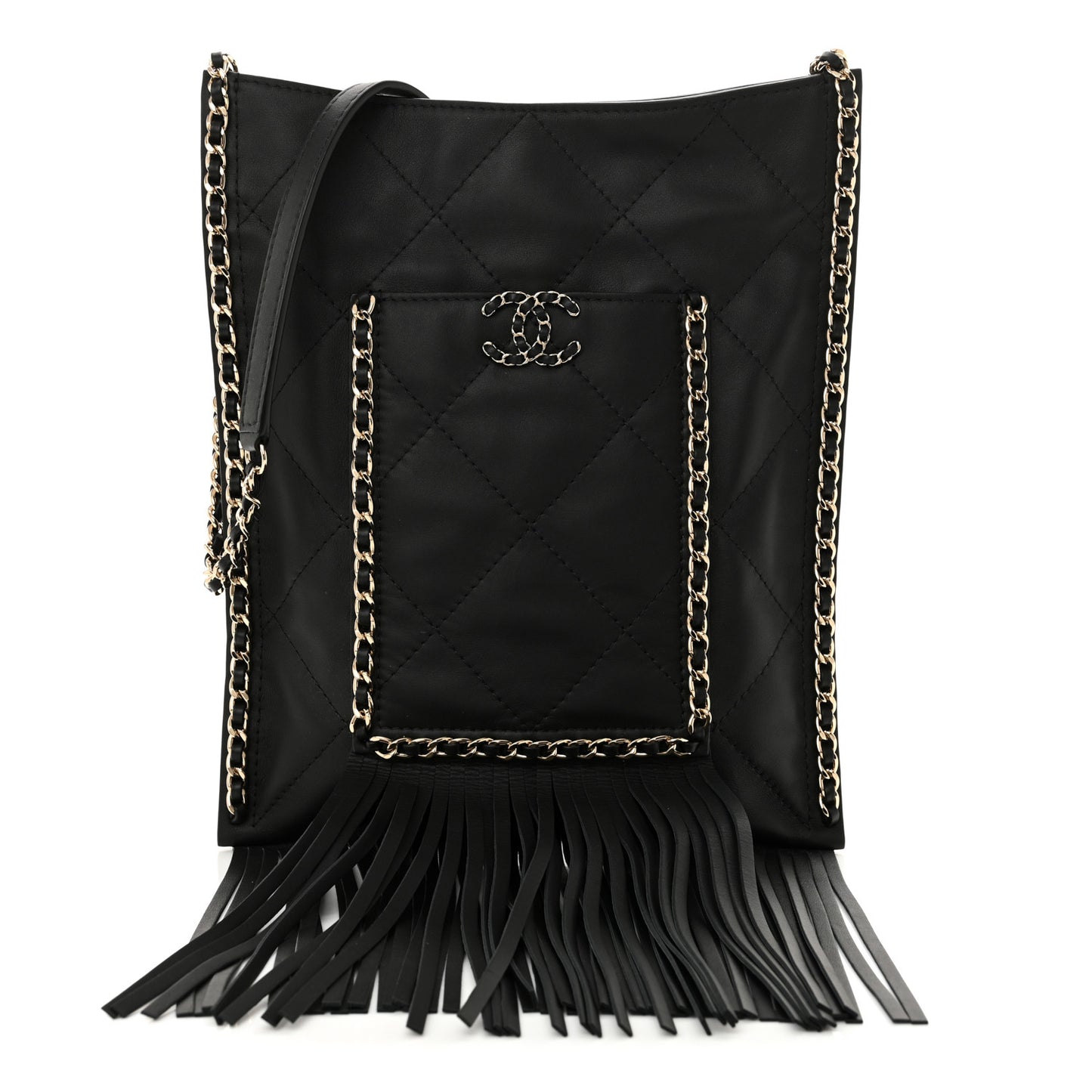 Calfskin Quilted Fringe Small Shopping Bag Black