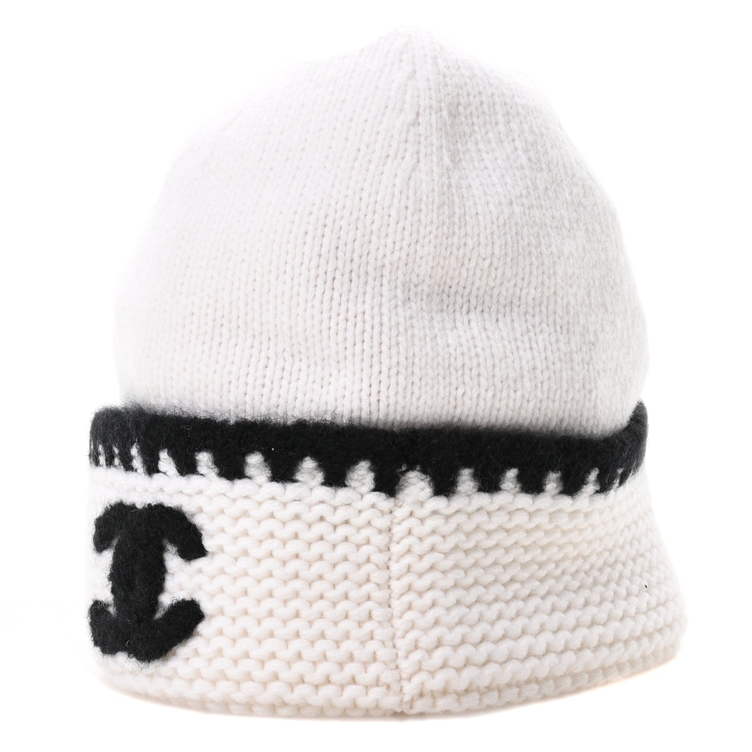 Chanel Cashmere CC Knitted Beanie Hat Black White 1718552