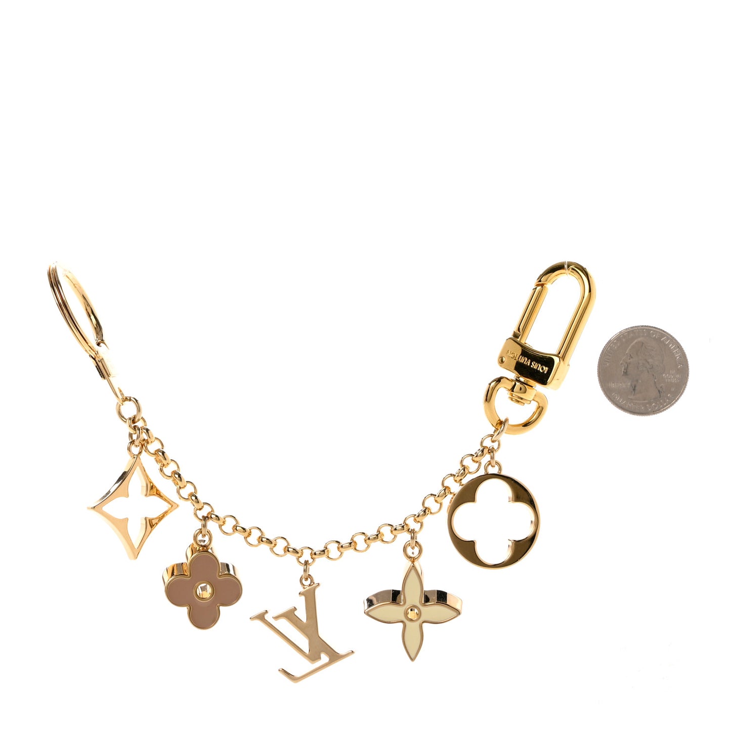 Brass Enamel Fleur De Monogram Bag Charm Chain Gold