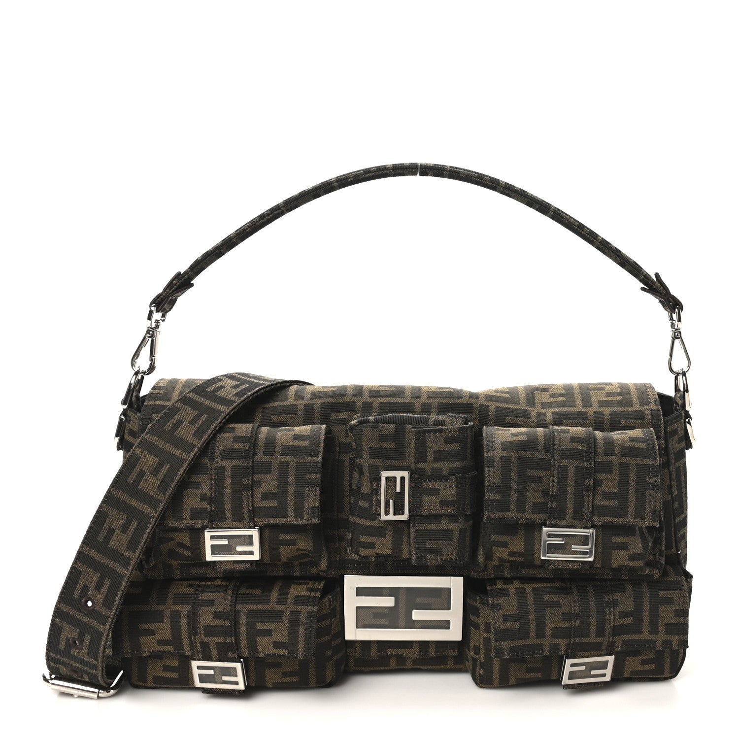 Fendi Fabric Jacquard FF 1974 Maxi Multipocket Baguette Tobacco