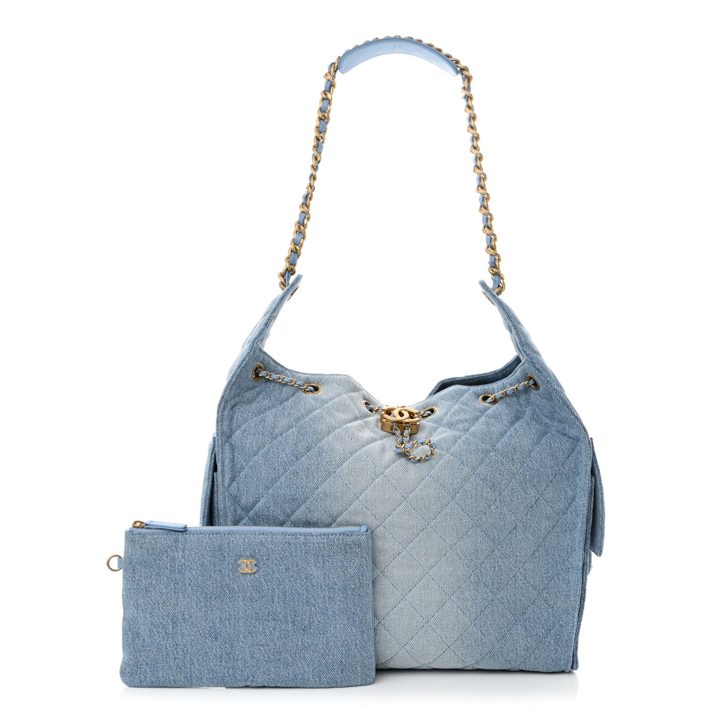 Washed Denim Quilted Medium Chanel 25 Handbag Blue