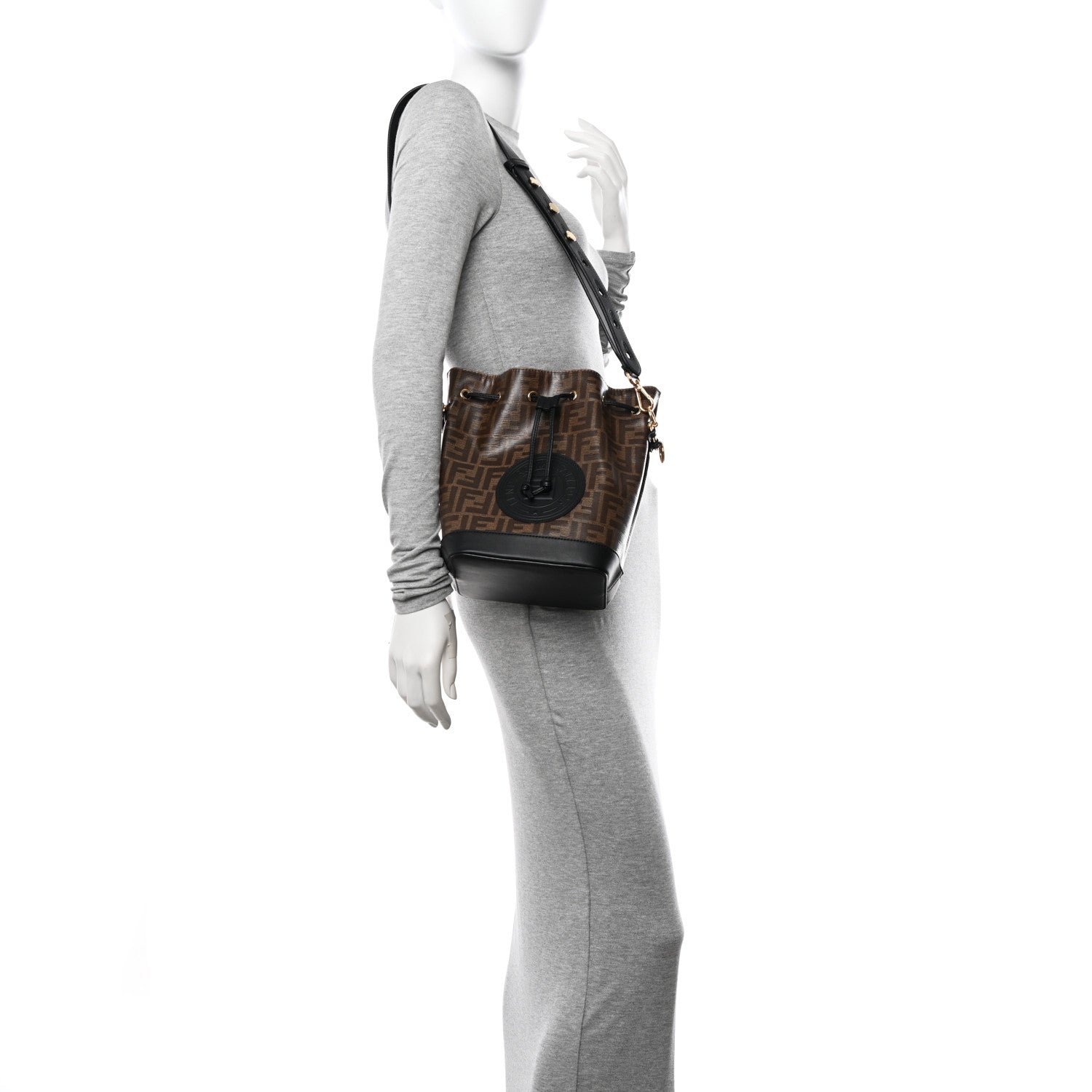 Fendi Glazed Fabric Vitello Grace F is Fendi FF 1974 Stamp Patch Grande Mon Tresor Bucket Bag Mogano Panna Black 2 of 10