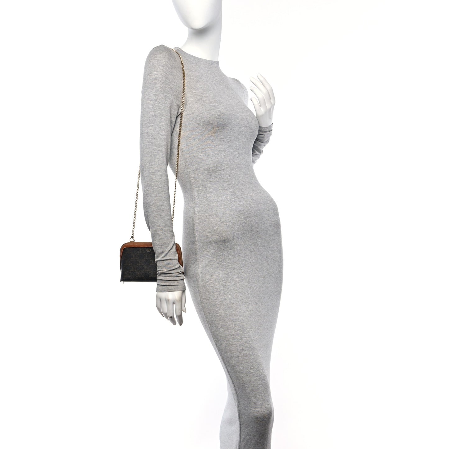 Triomphe Canvas Calfskin Mini Clutch on Chain Tan
