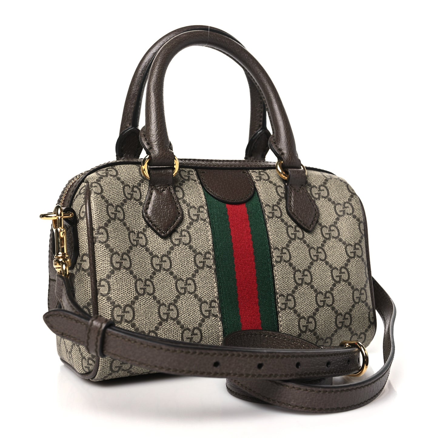 GG Supreme Monogram Textured Dollar Calfskin Web Mini Ophidia Top Handle Bag Beige Ebony New Acero
