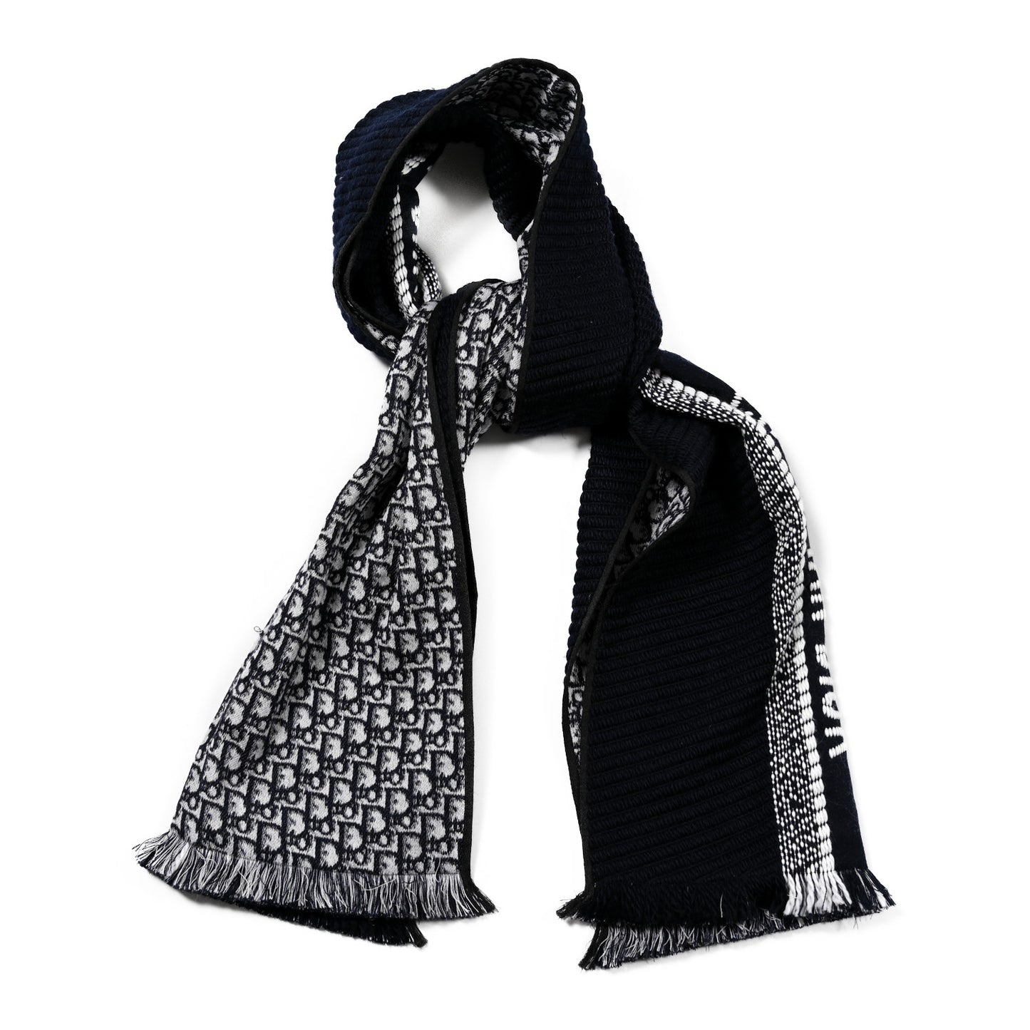 Wool Silk Oblique Fringed Scarf Navy Blue