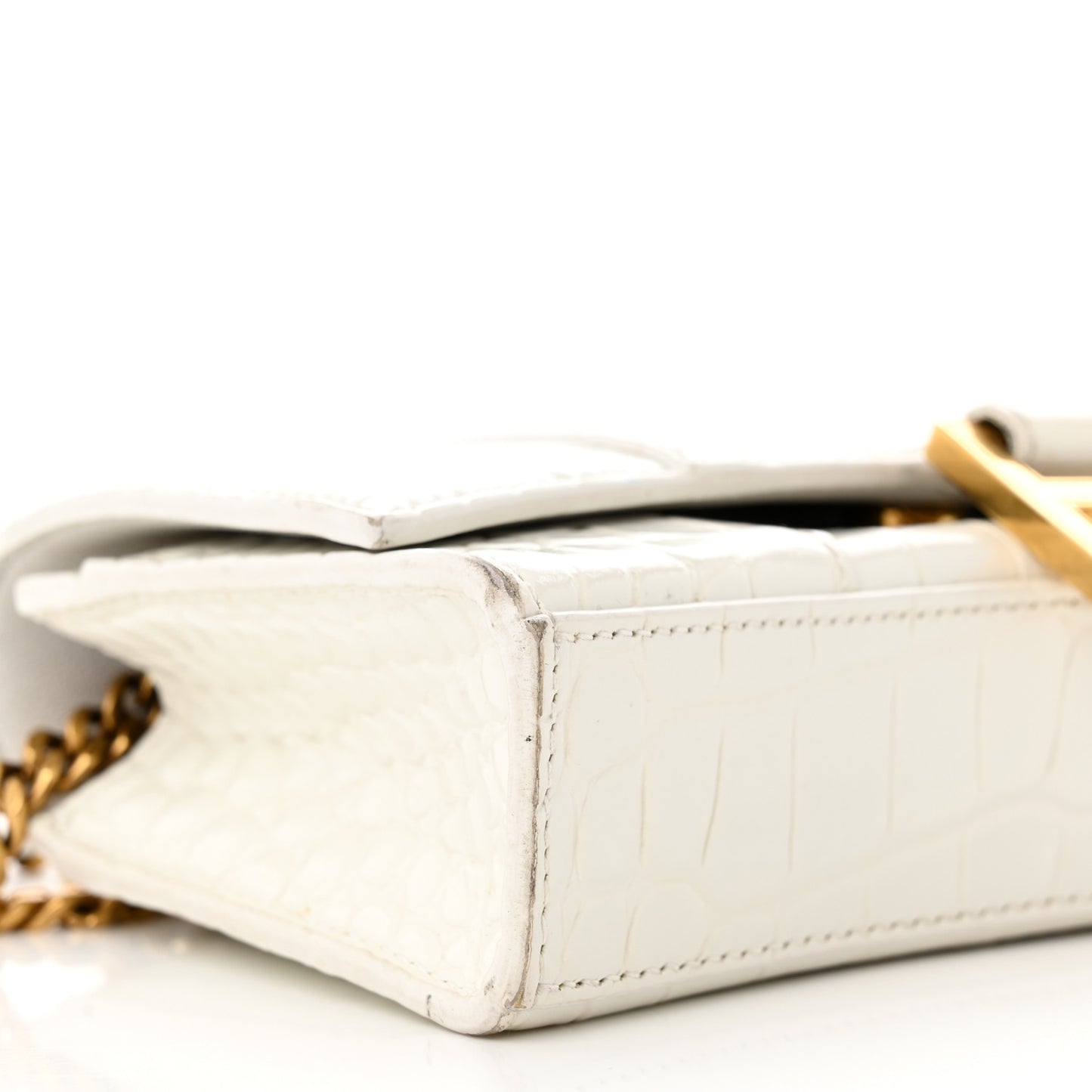 Shiny Calfskin Crocodile Embossed Hourglass Chain Bag White