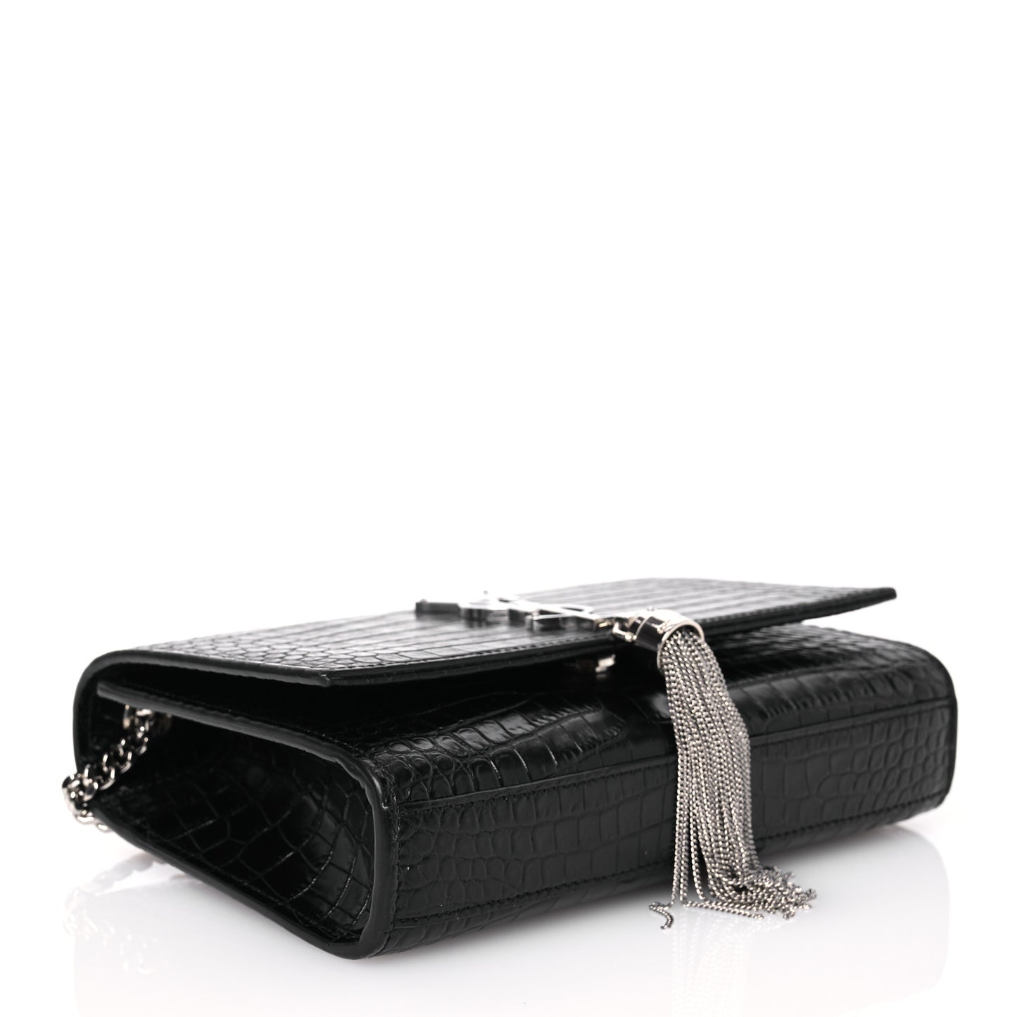 Calfskin Crocodile Embossed Small Classic Monogram Kate Tassel Satchel Black
