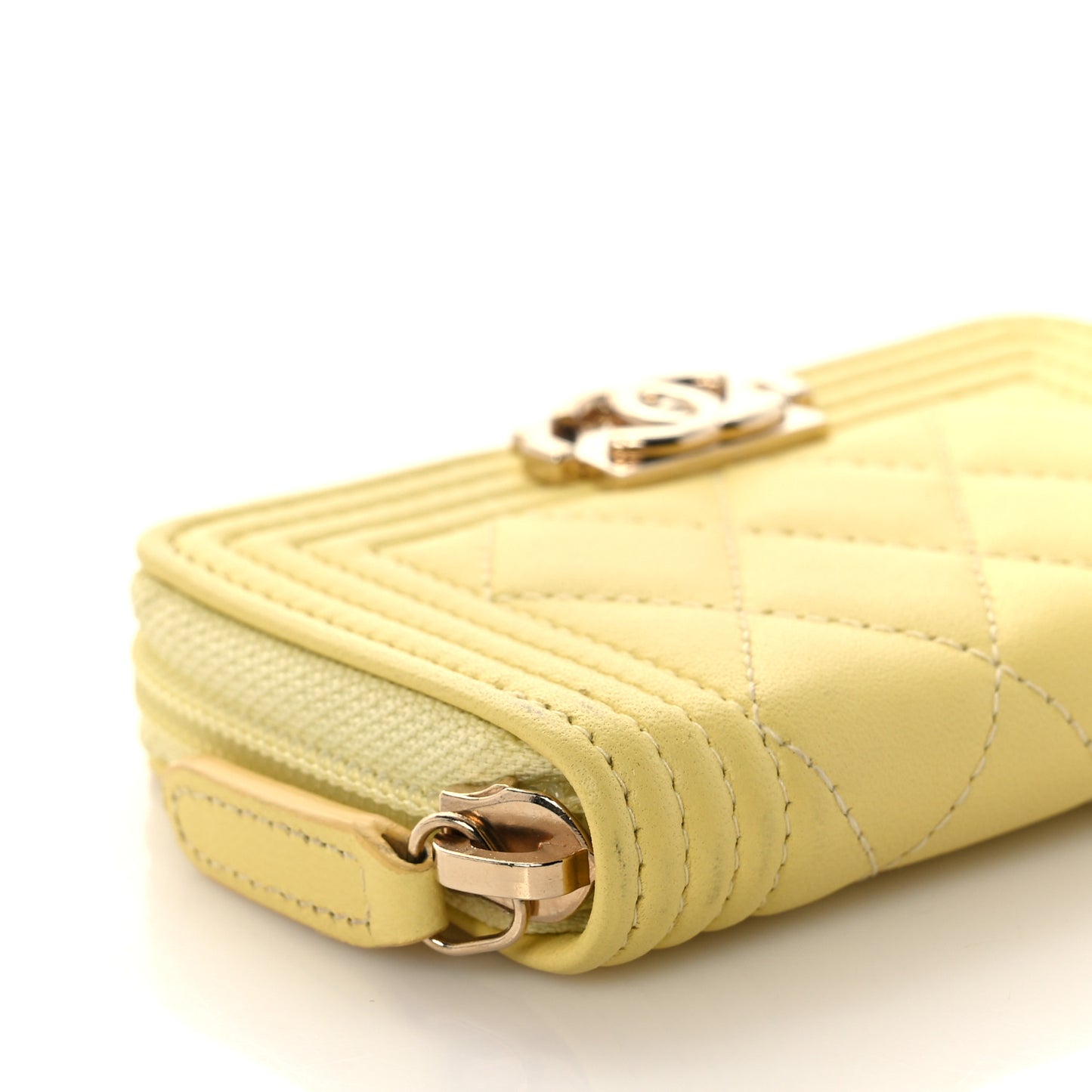 Lambskin Quilted Zip Around Boy Coin Purse Wallet Yellow