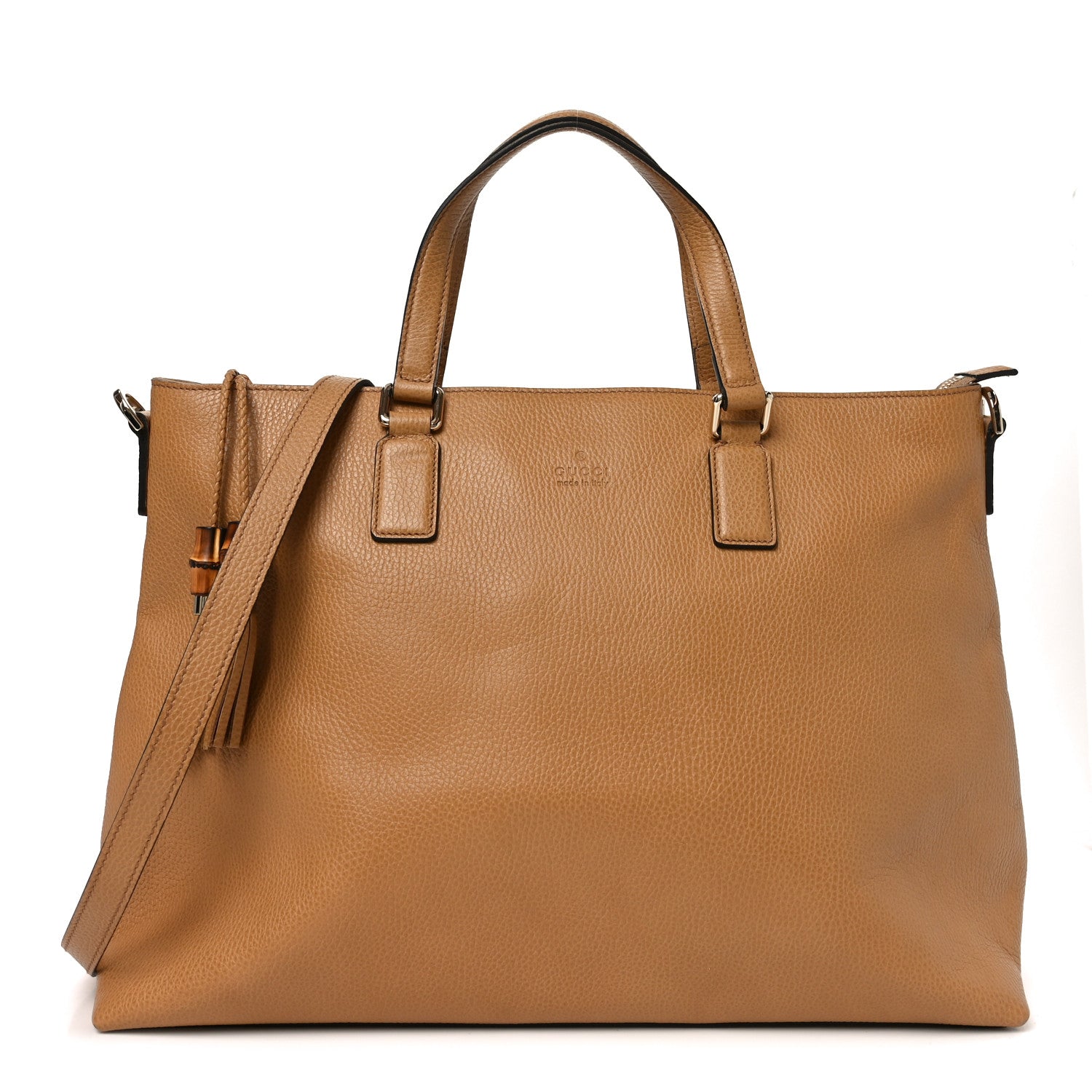 Gucci Calfskin Bamboo Tassel Top Handle Tote Whiskey 1862981