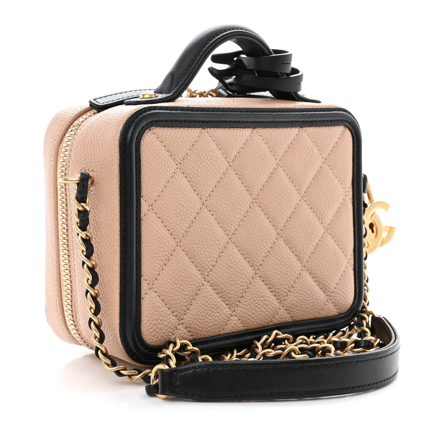 Caviar Quilted Small CC Filigree Vanity Case Beige Black