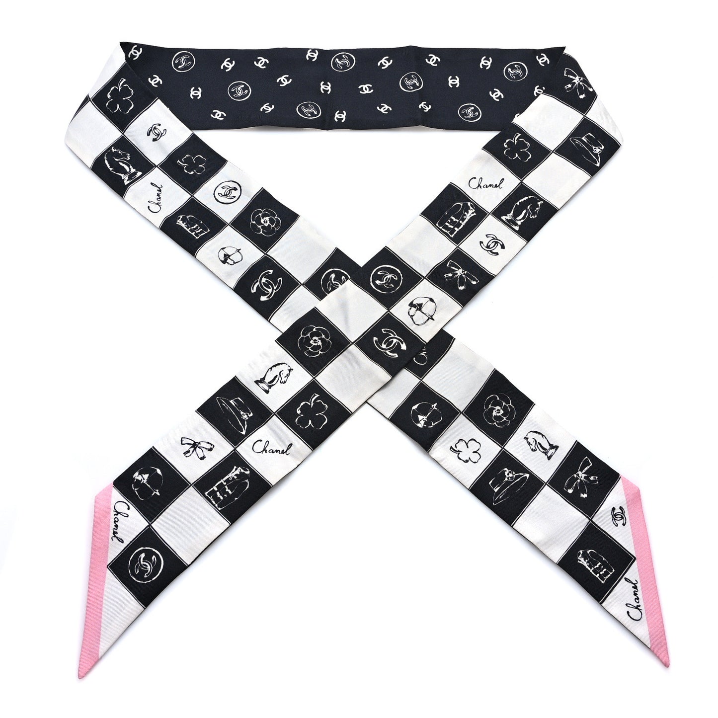 Silk Checkered Lucky Symbols CC Slim Bandeau Scarf Black White