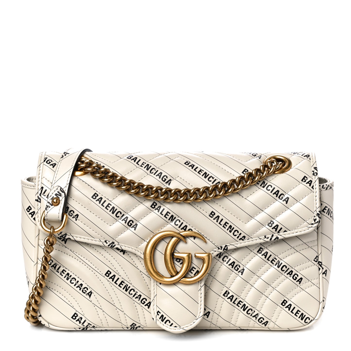 X BALENCIAGA Calfskin Matelasse Logo Print Small GG Marmont Shoulder Bag White