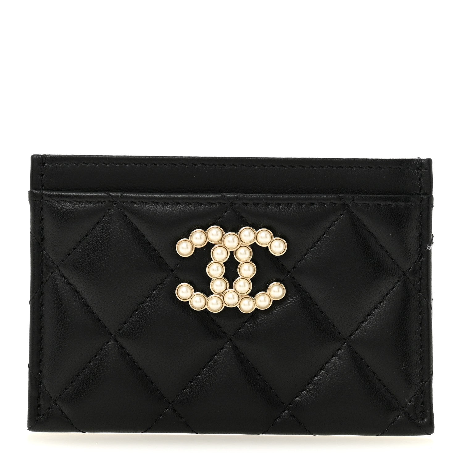 Chanel Lambskin Quilted Pearl CC Chanel Card Holder Black 1893736