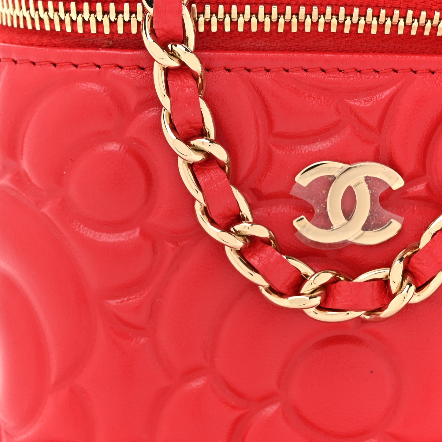 Lambskin Camellia Embossed Mini Vanity Case With Chain Red