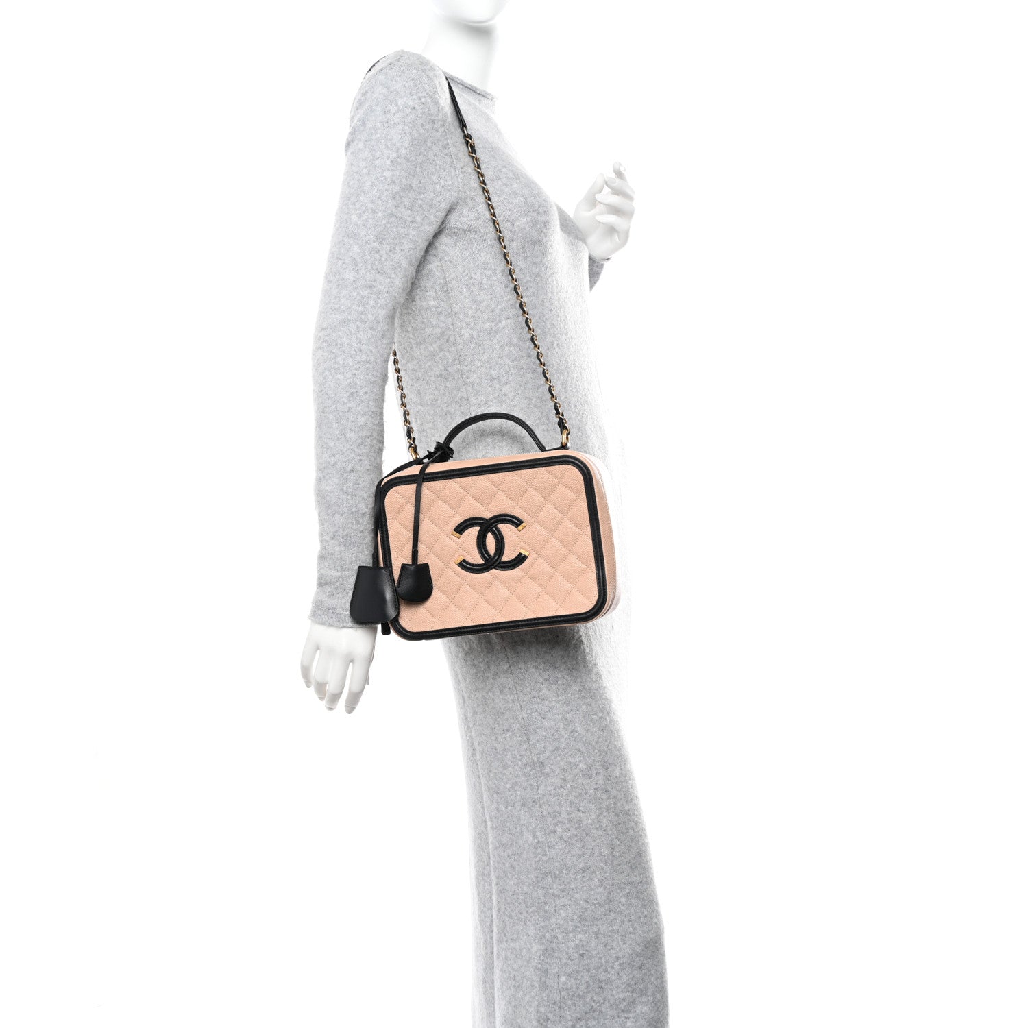 Chanel Caviar Quilted Large CC Filigree Vanity Case Beige Black 2 of 12