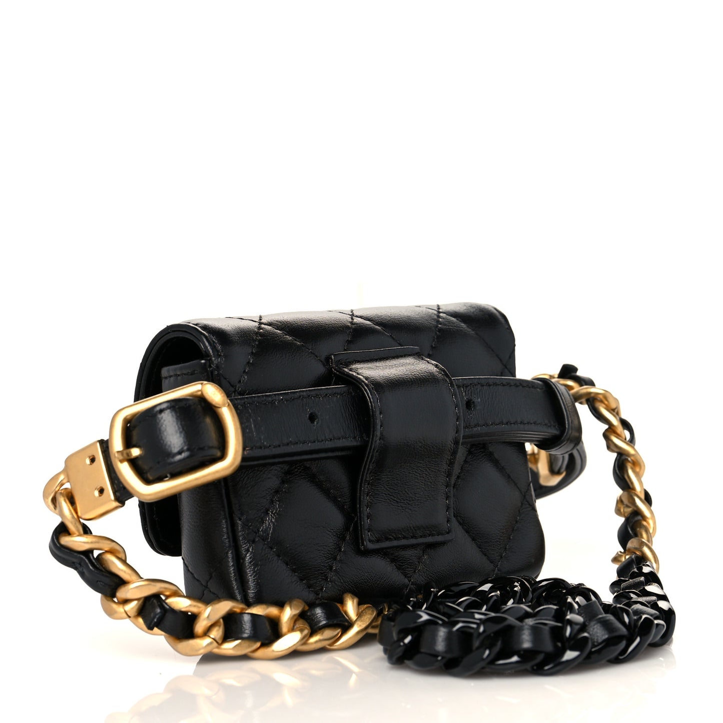 Lambskin Lacquered Metal Quilted Flap Chain Belt Bag Black