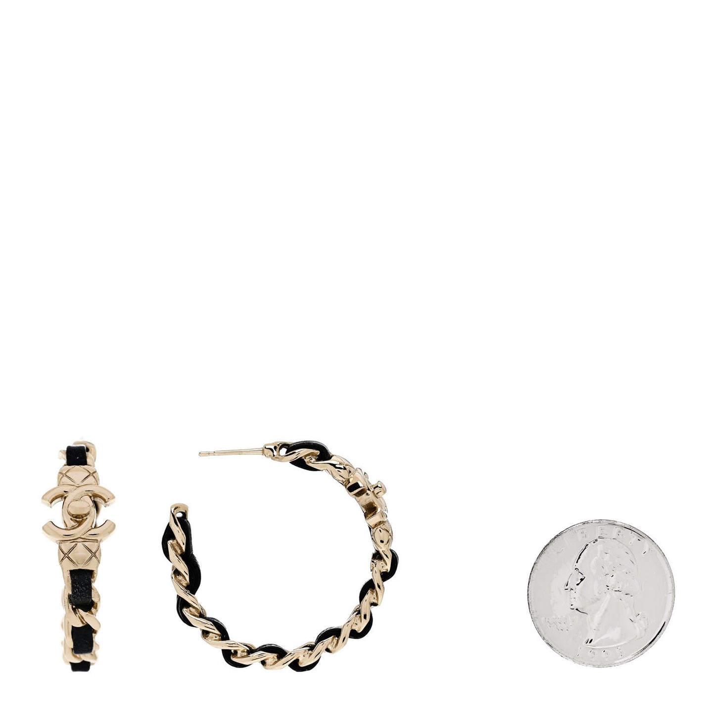 Metal Lambskin Quilted CC Turnlock Chain Hoop Earrings Gold Black