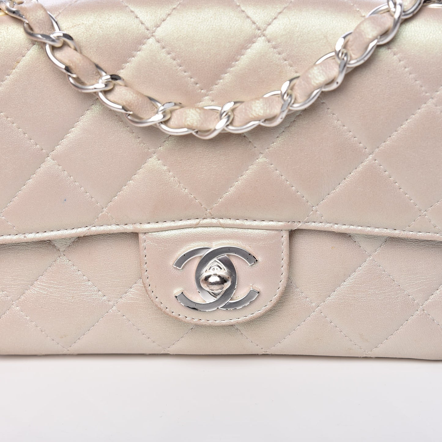 Metallic Lambskin Quilted Extra Mini Rectangular Flap Ivory