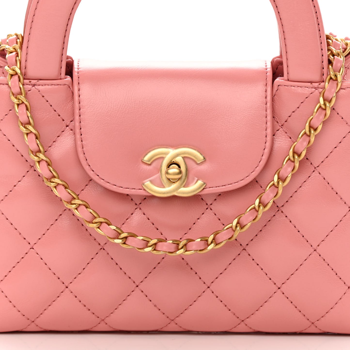Shiny Aged Calfskin Quilted Nano Kelly Shopper Coral Pink