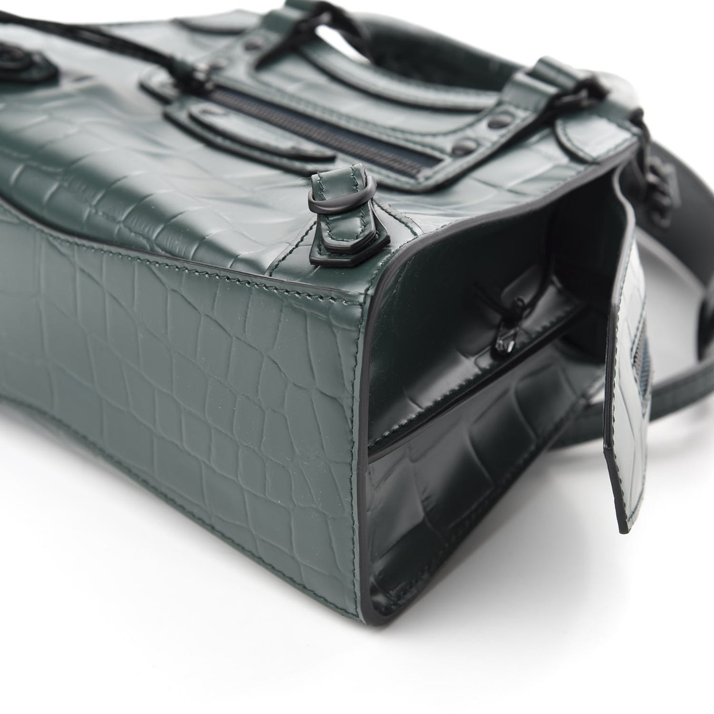 Semi Shiny Calfskin Crocodile Embossed Neo Classic Black Hardware Mini City Forest Green
