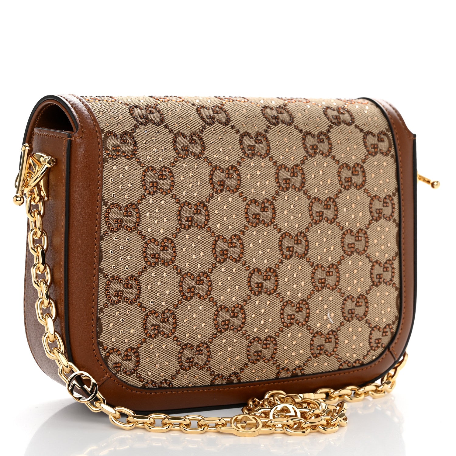 Gucci New Canvas Charisma Calfskin Crystal GG Monogram Mini Horsebit 1955 Shoulder Bag Camel Ebony 3 of 10