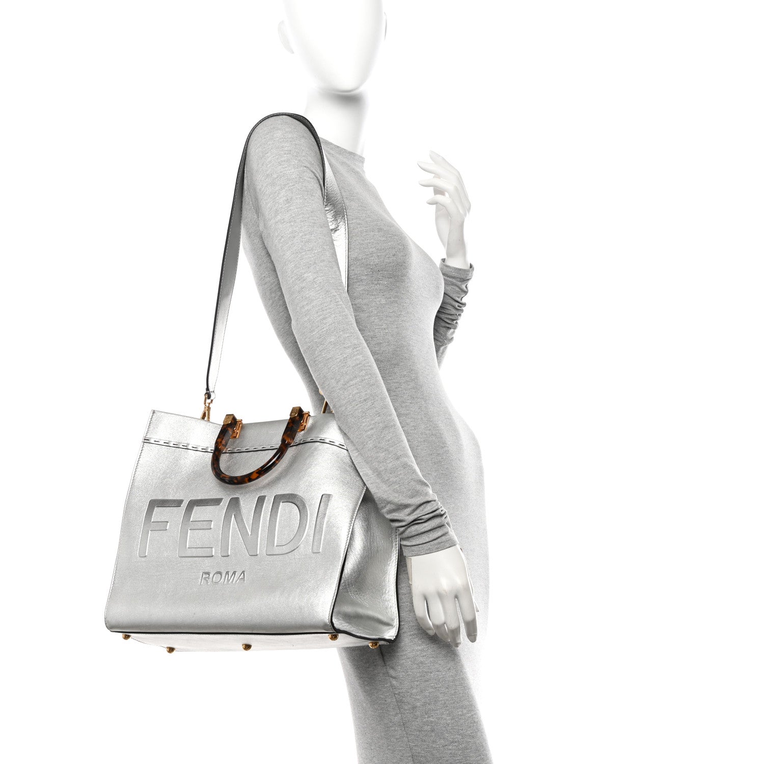 Fendi Vitello Catalan Mirror Plexiglass Logo Embossed Medium Fendi Sunshine Shopper Tote Argento 2 of 12