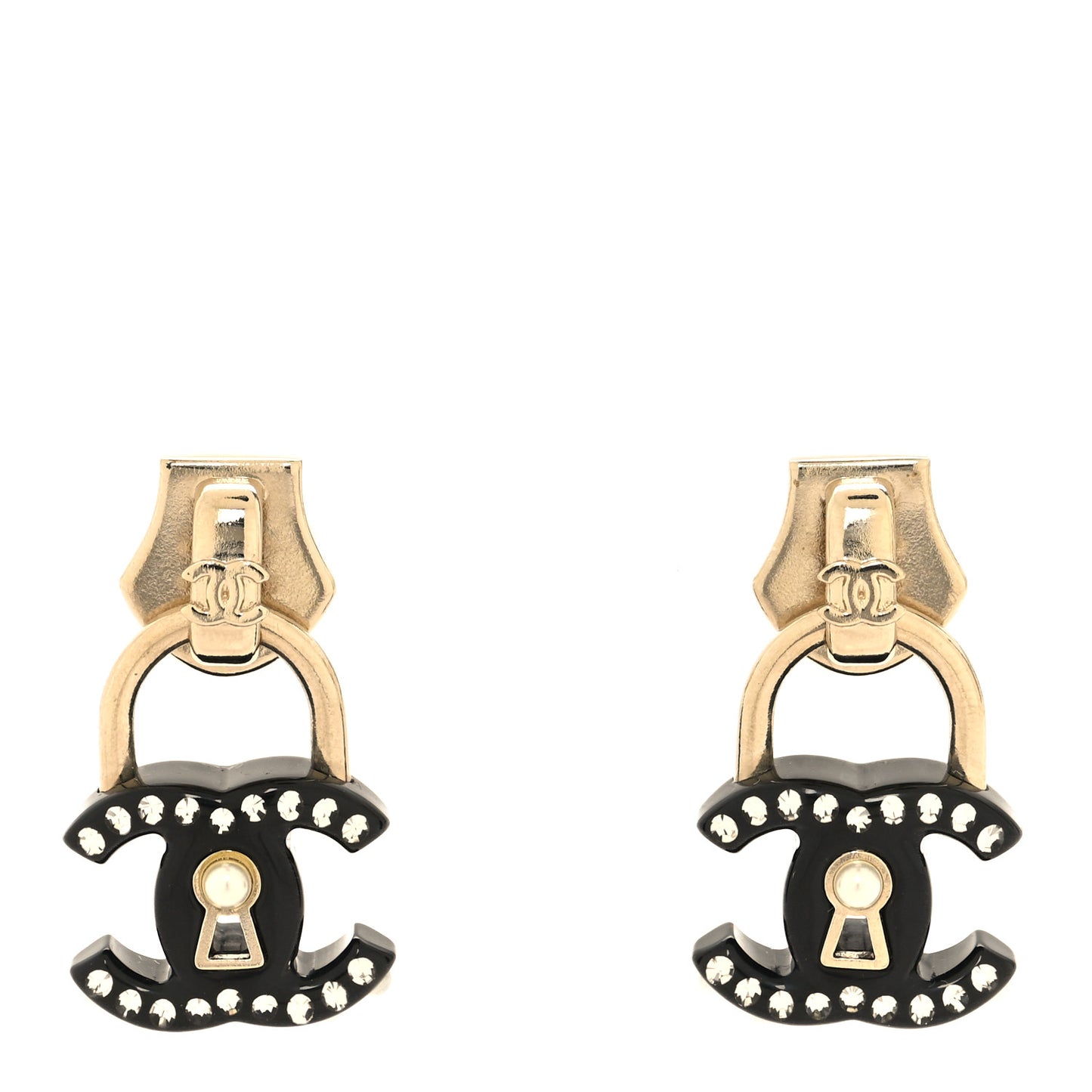 Metal Resin Crystal Pearl CC Lock Drop Earrings Gold Black