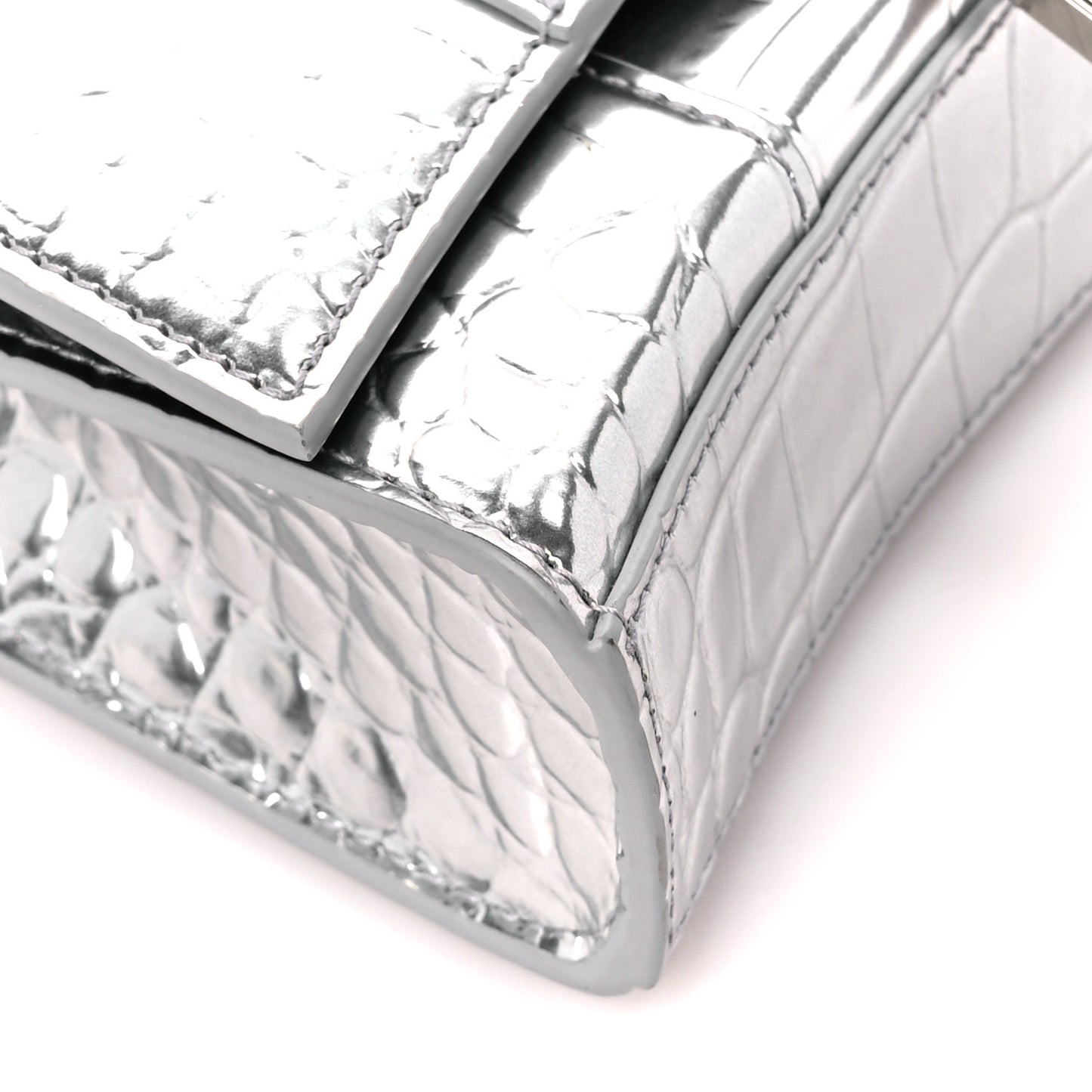 Metallic Calfskin Crocodile Embossed Hourglass Chain Bag Silver