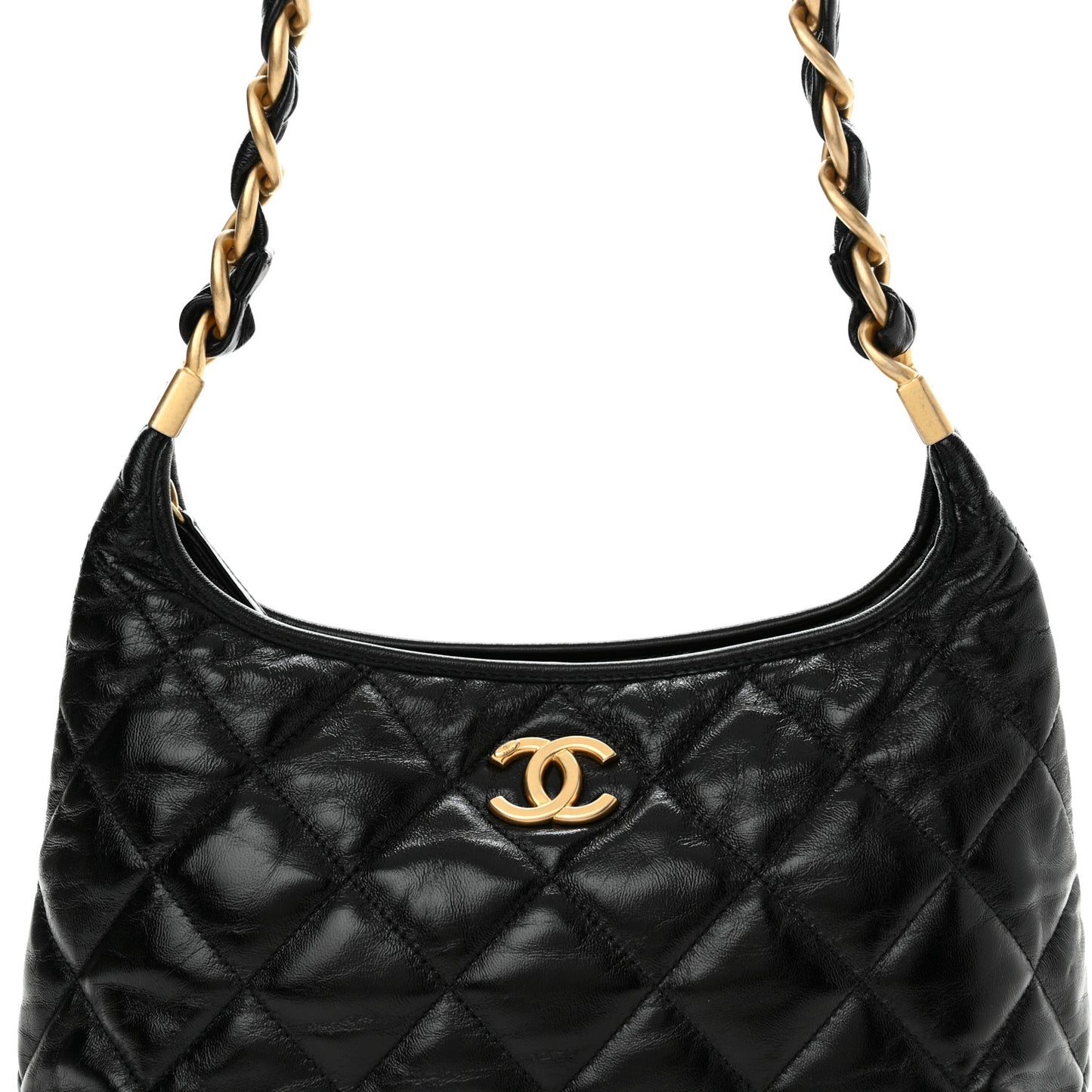 Shiny Crumpled Lambskin Quilted Medium CC Funky Town Hobo Black