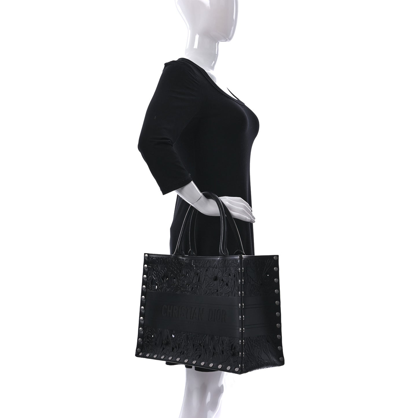 Calfskin Laser Cut Studded Medium Book Tote Black