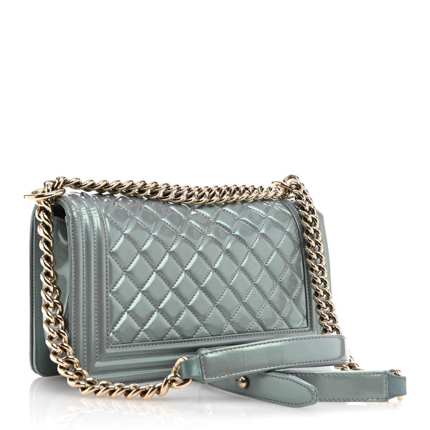 Iridescent Patent Calfskin Quilted Medium Boy Flap Light Blue