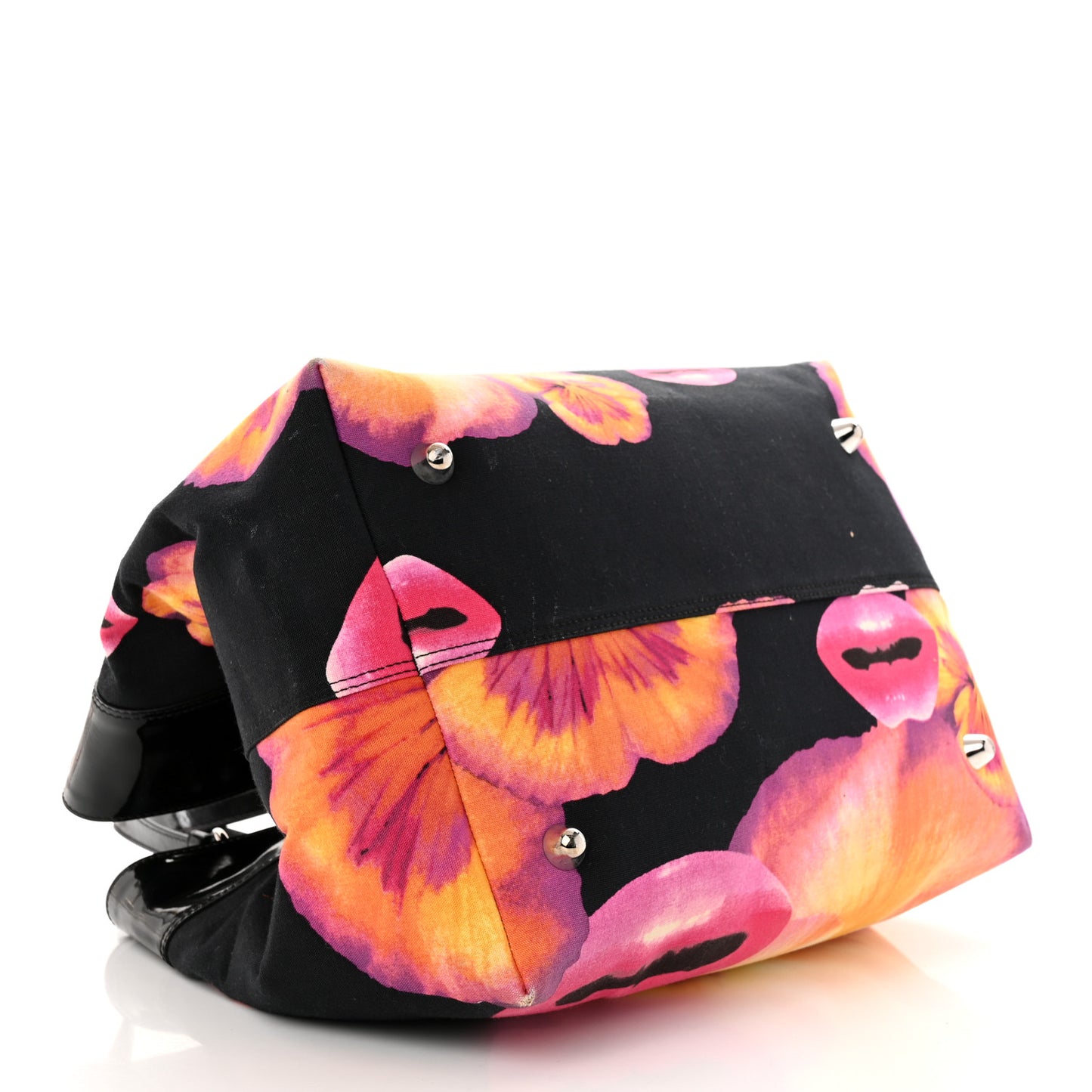 Patent Crystal Embellished Canvas Lips Print Tote Black Multicolor