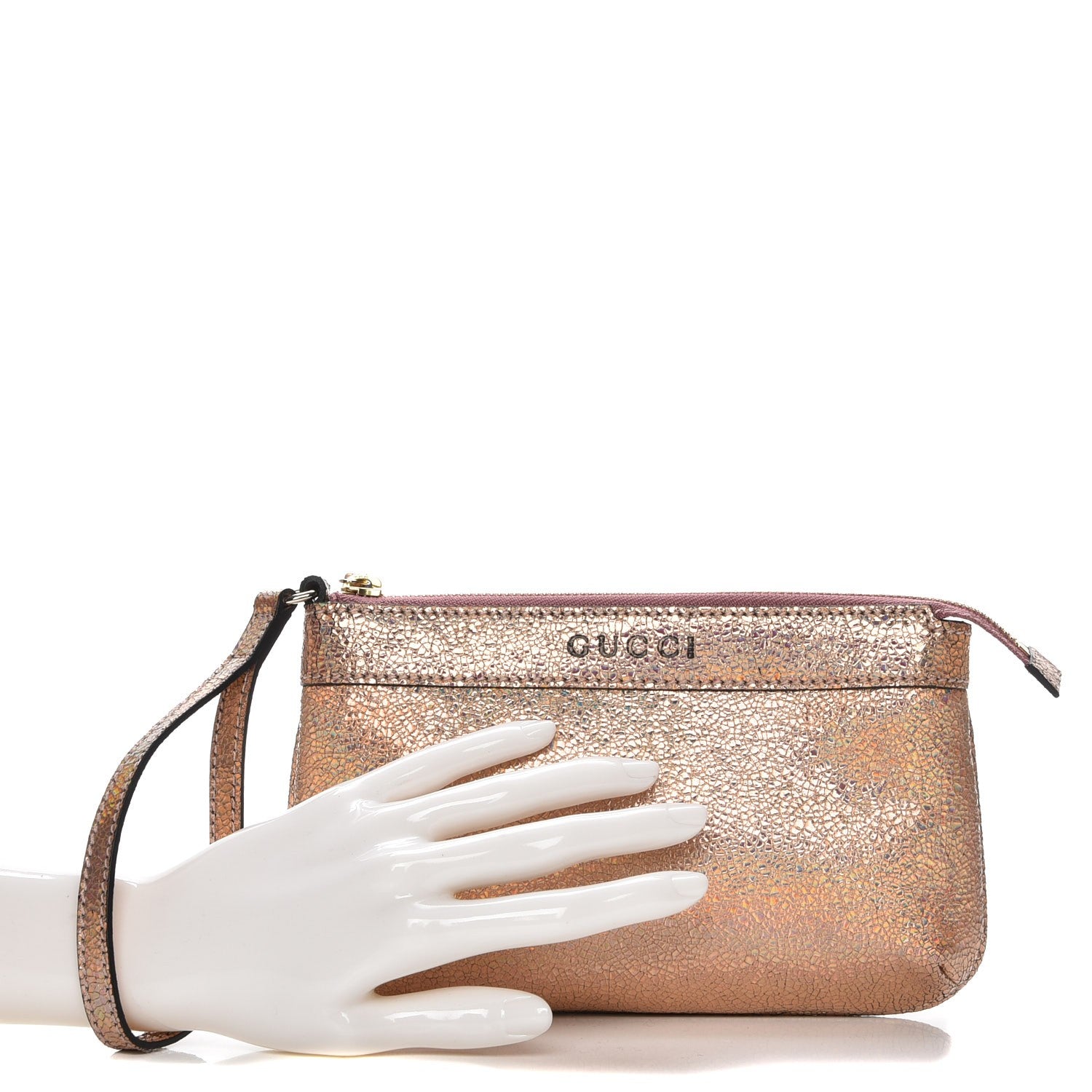 Gucci Metallic Crackled Calfskin Wristlet Salmone 2 of 8