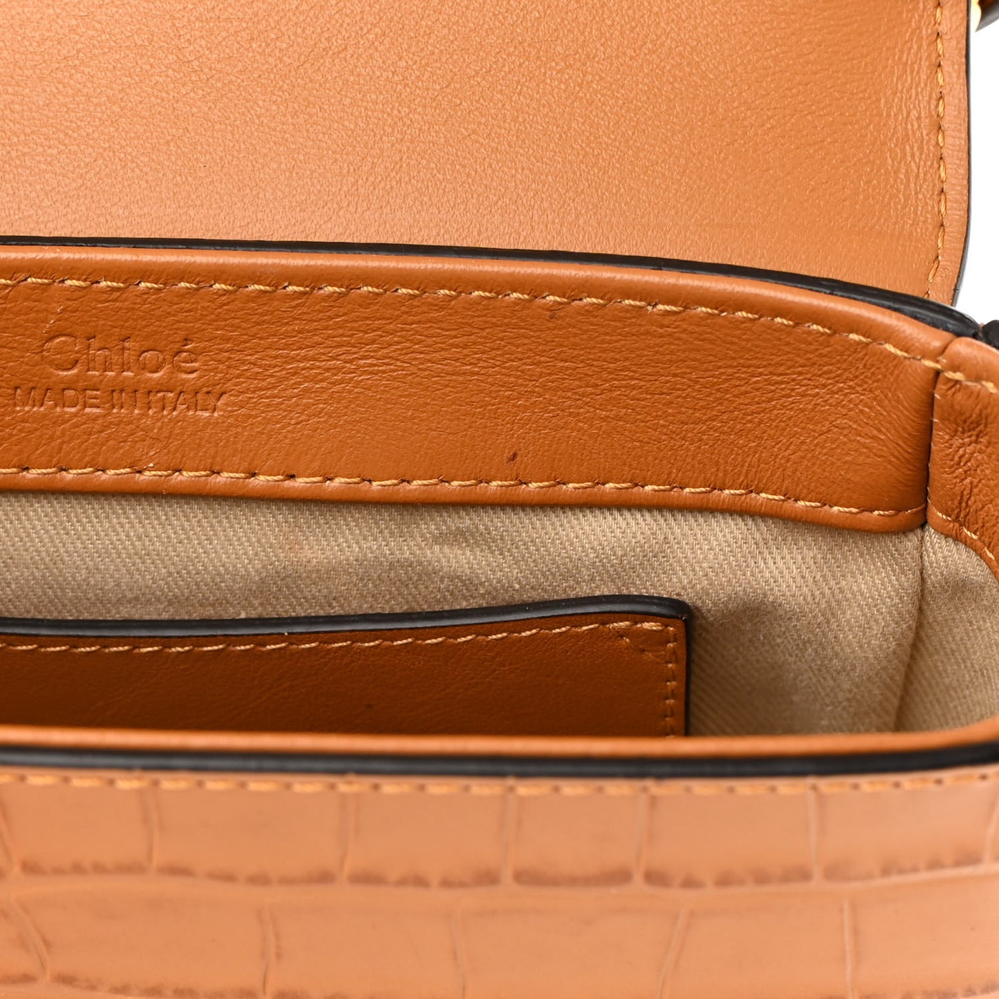 Calfskin Crocodile Embossed Mini C Double Carry Autumnal Brown