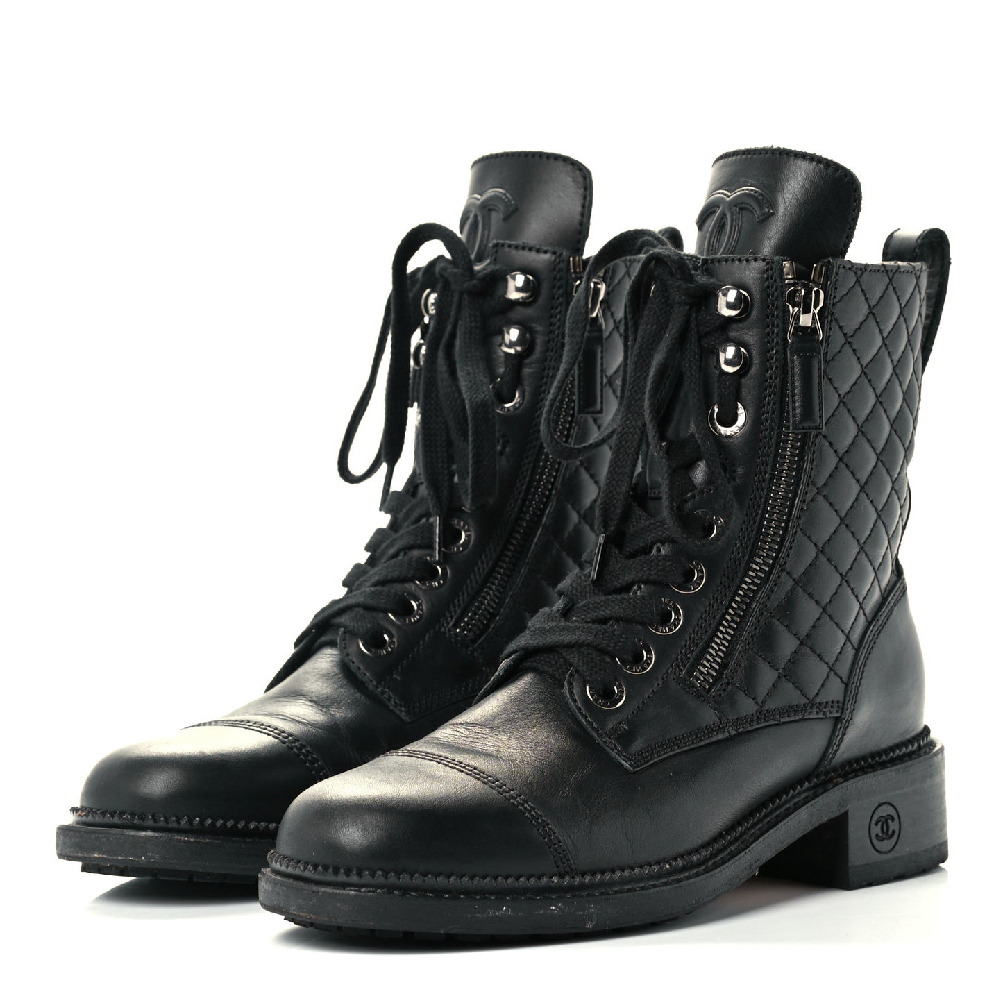 Calfskin Quilted Lace Up Combat Boots 36.5 Black