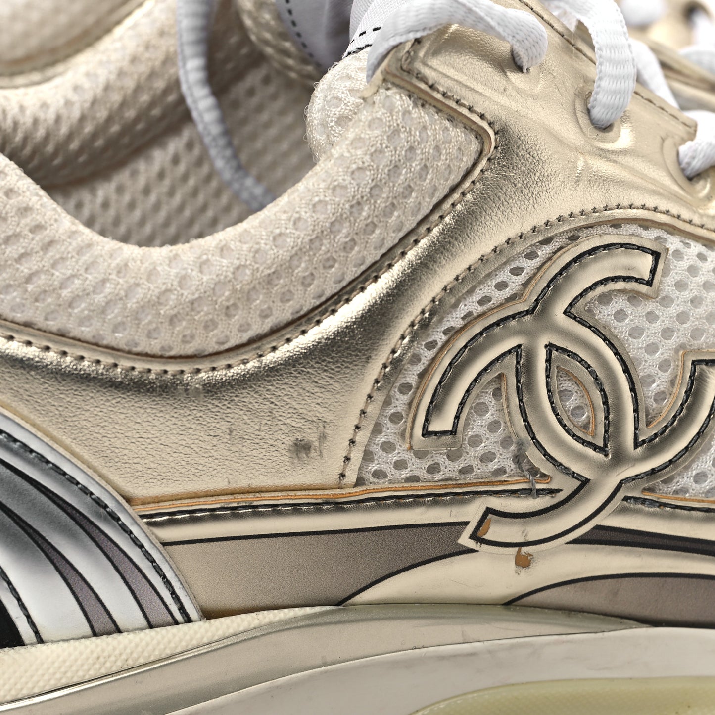 Fabric Laminated Calfskin Stretch CC Sneakers 38 White Gold Silver