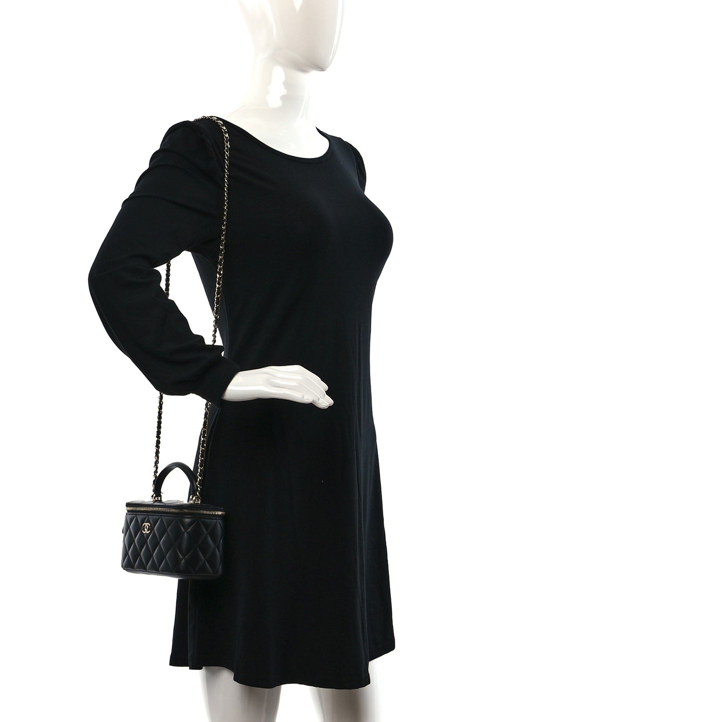 Lambskin Quilted Small Top Handle Vanity Case With Chain Black