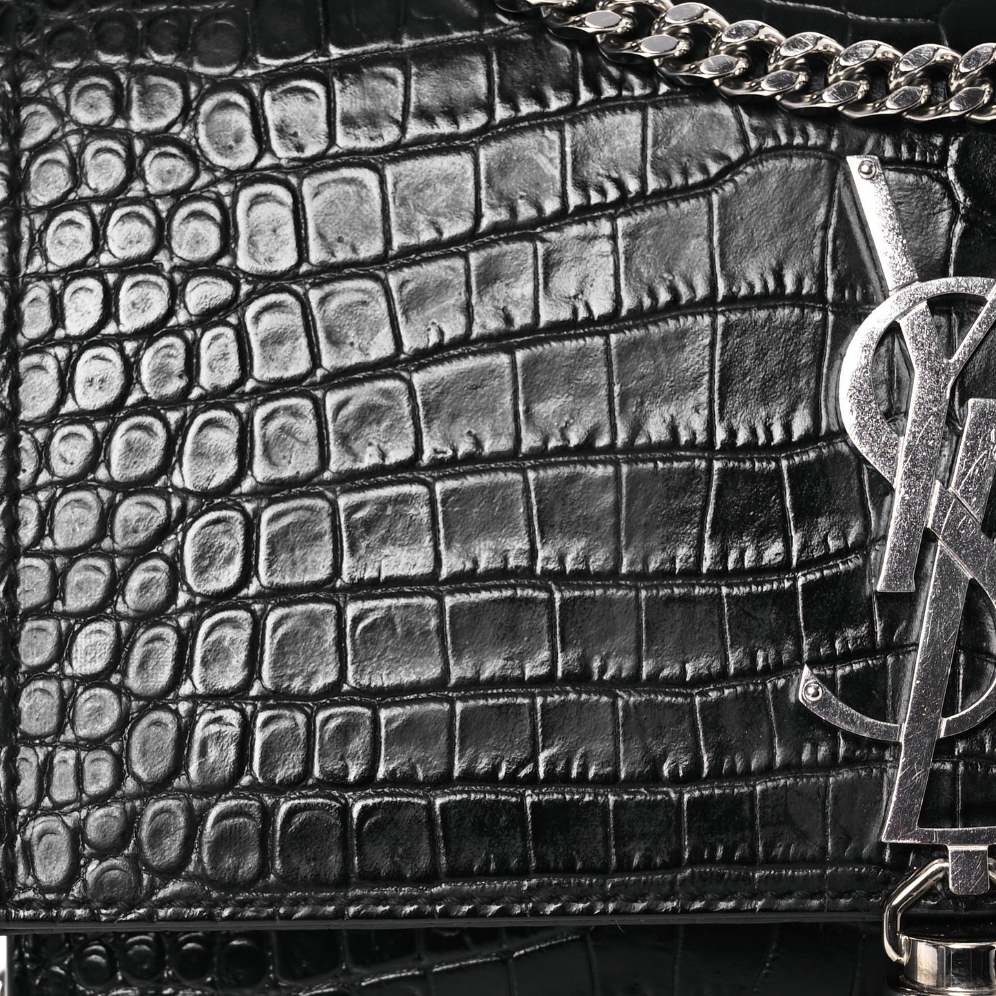 Calfskin Crocodile Embossed Small Classic Monogram Kate Tassel Satchel Black