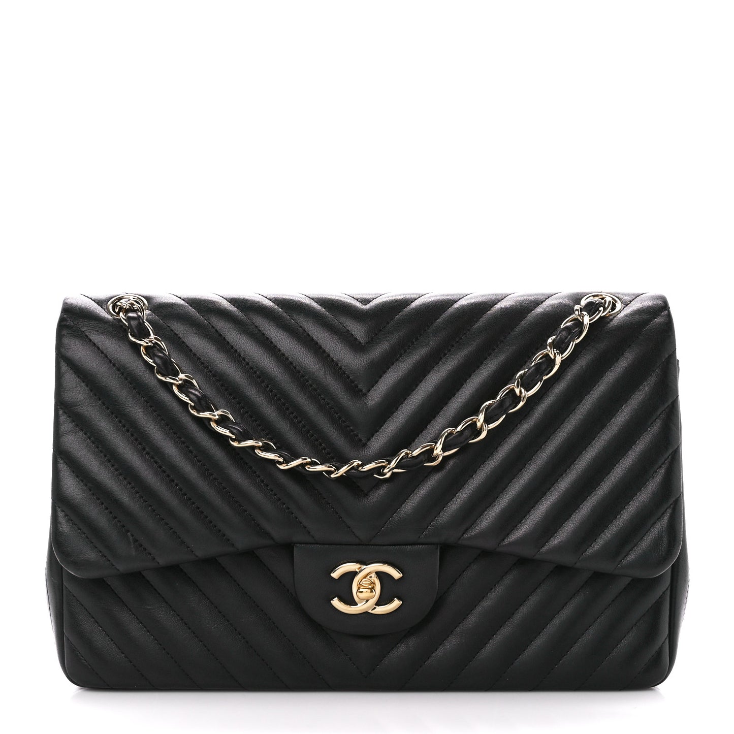 Lambskin Chevron Quilted Jumbo Double Flap Black