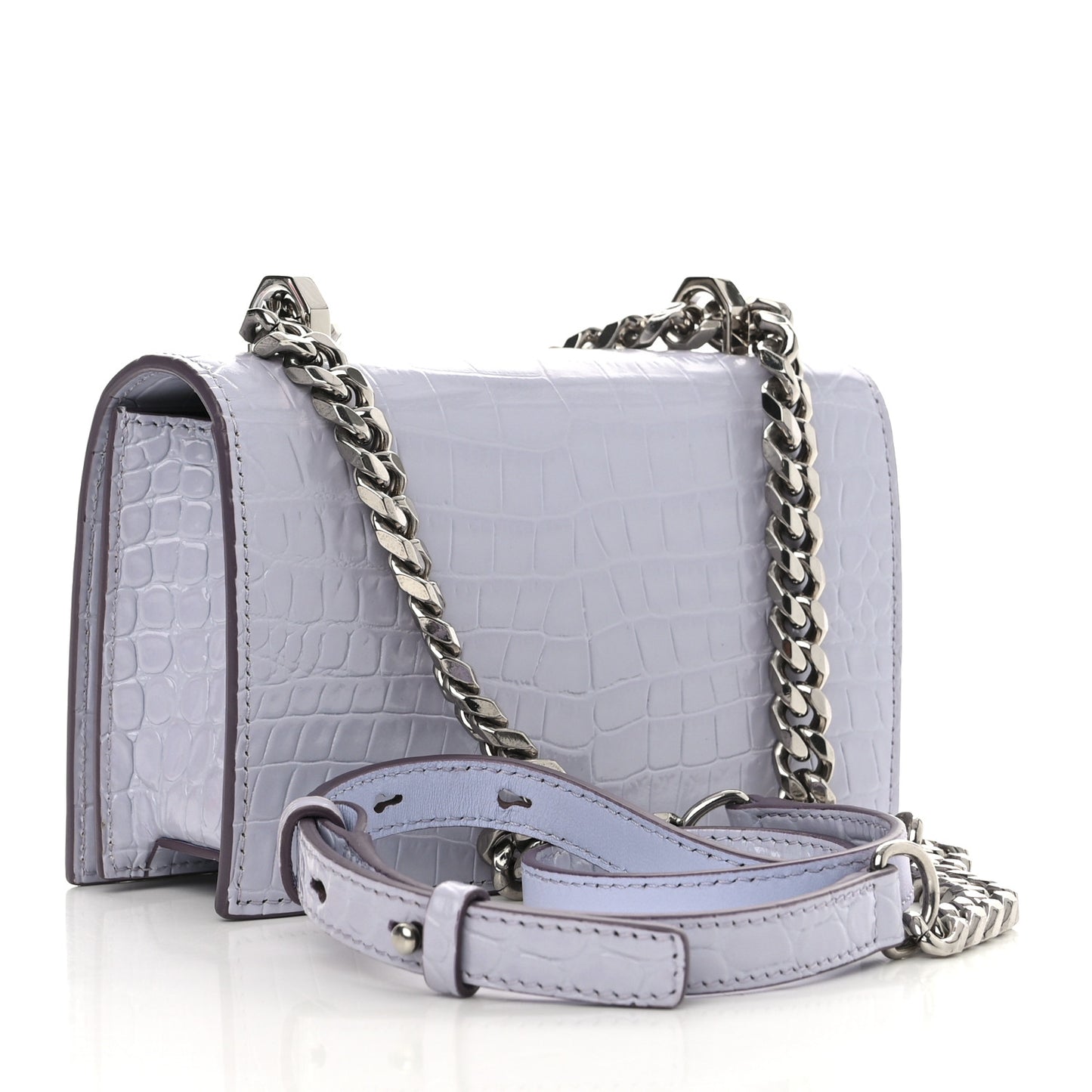 Shiny Crocodile Embossed Jeweled Satchel Lavender