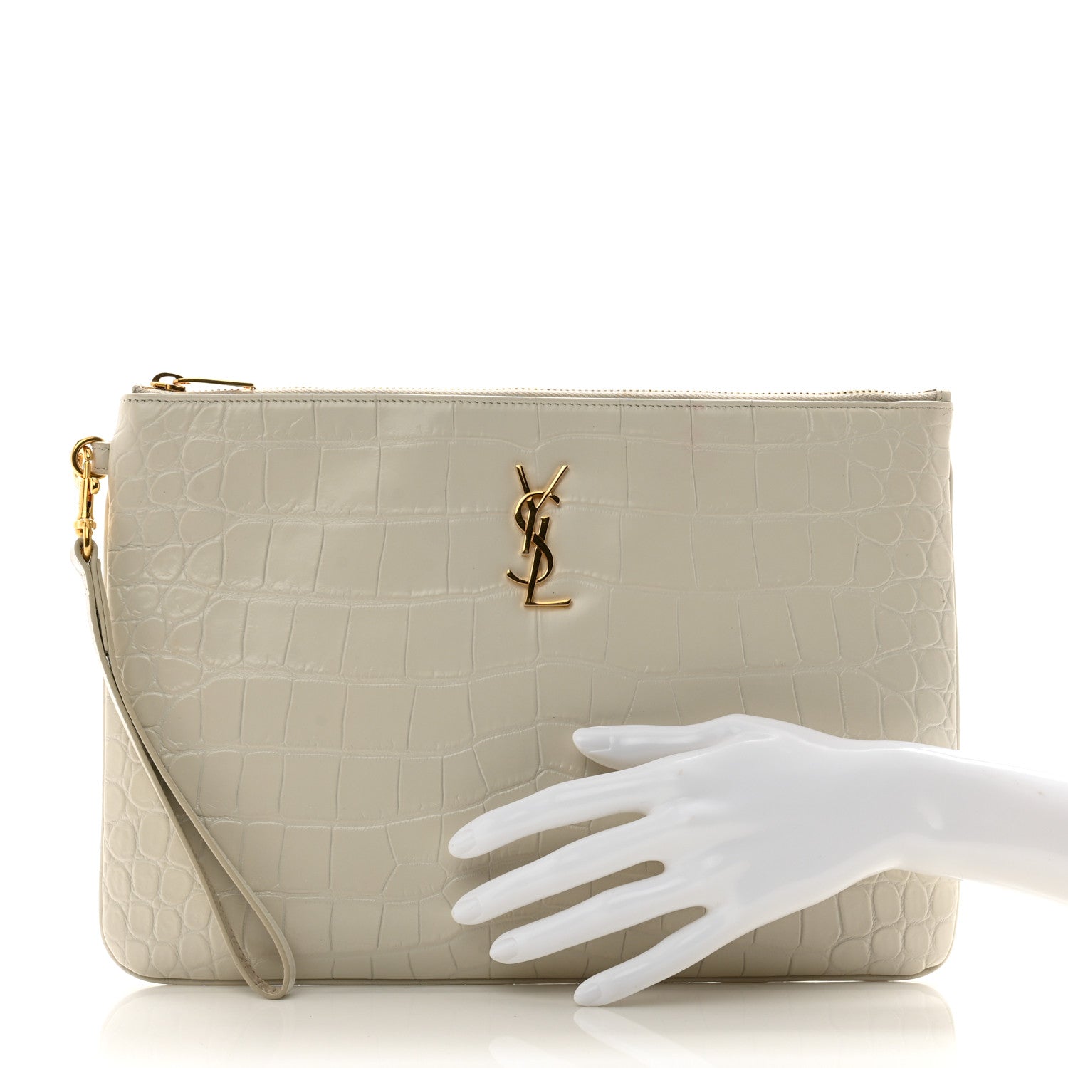 Saint Laurent Calfskin Crocodile Embossed Tablet Pouch Crema Soft 2 of 11